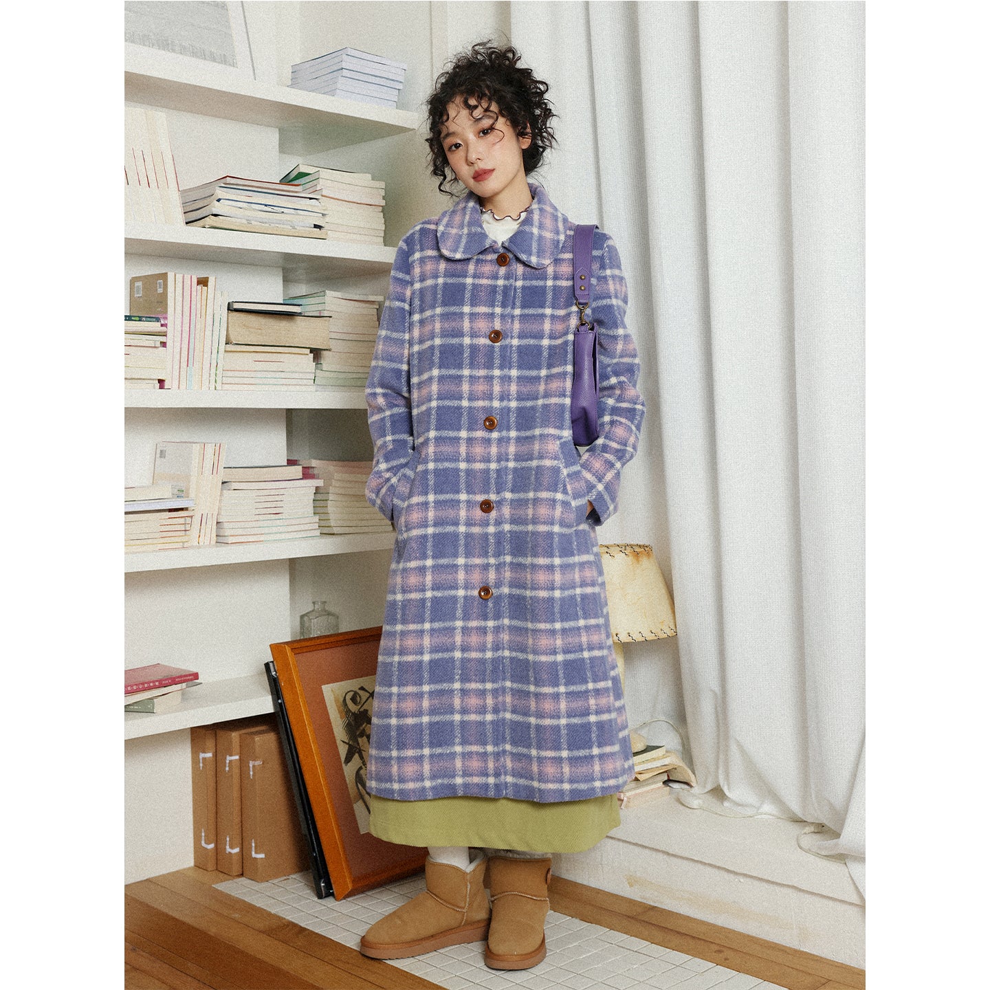 Girly Vintage Plaid Long Wool Coat Purple - Chemical Girl by Land Decora