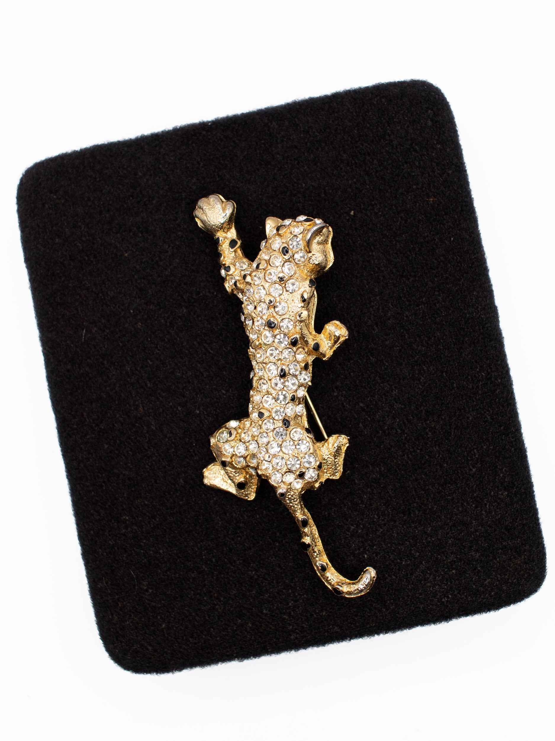 Vintage 80's Rhinestone Leopard Brooch Gold Tone by Northern Grip
