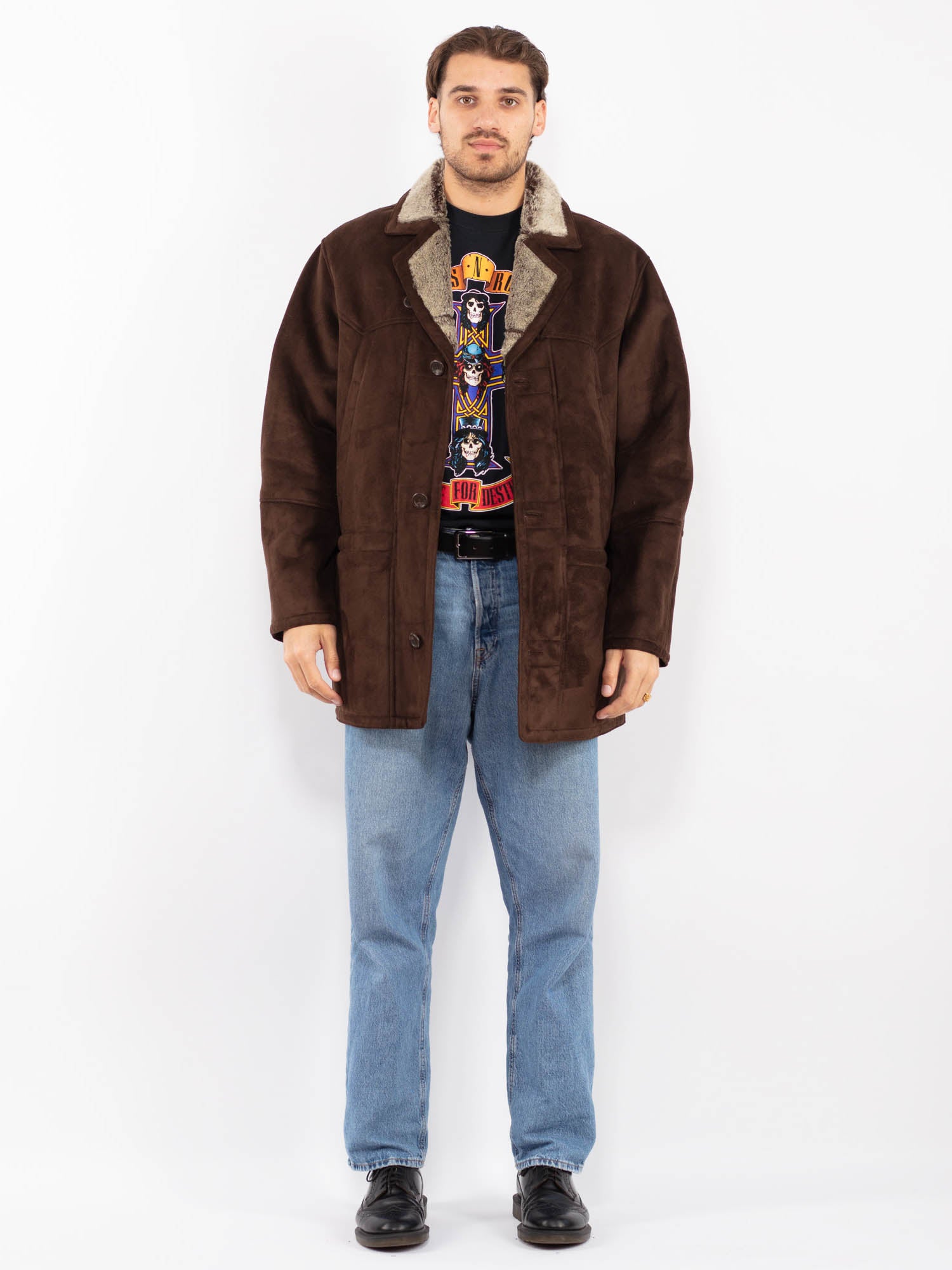 Vintage 90's Men Faux Sheepskin Coat in Brown by Northern Grip