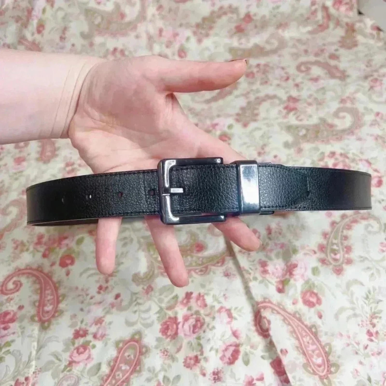 Men's Black Pebbled Leather Belt Gunmetal Buckle Brown Interior Size 3 by Hot Girl Secondhand