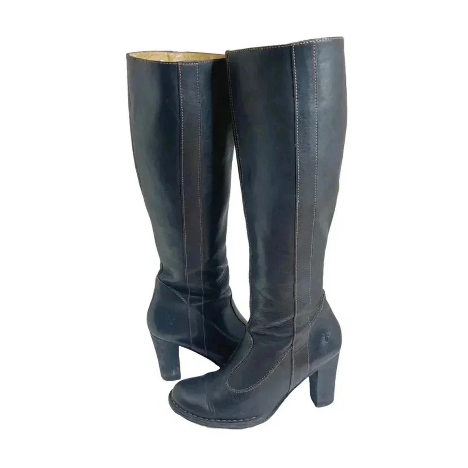 Frye Villager Pull On Boot Black Leather Boot Exposed Stitching Heeled by Hot Girl Secondhand