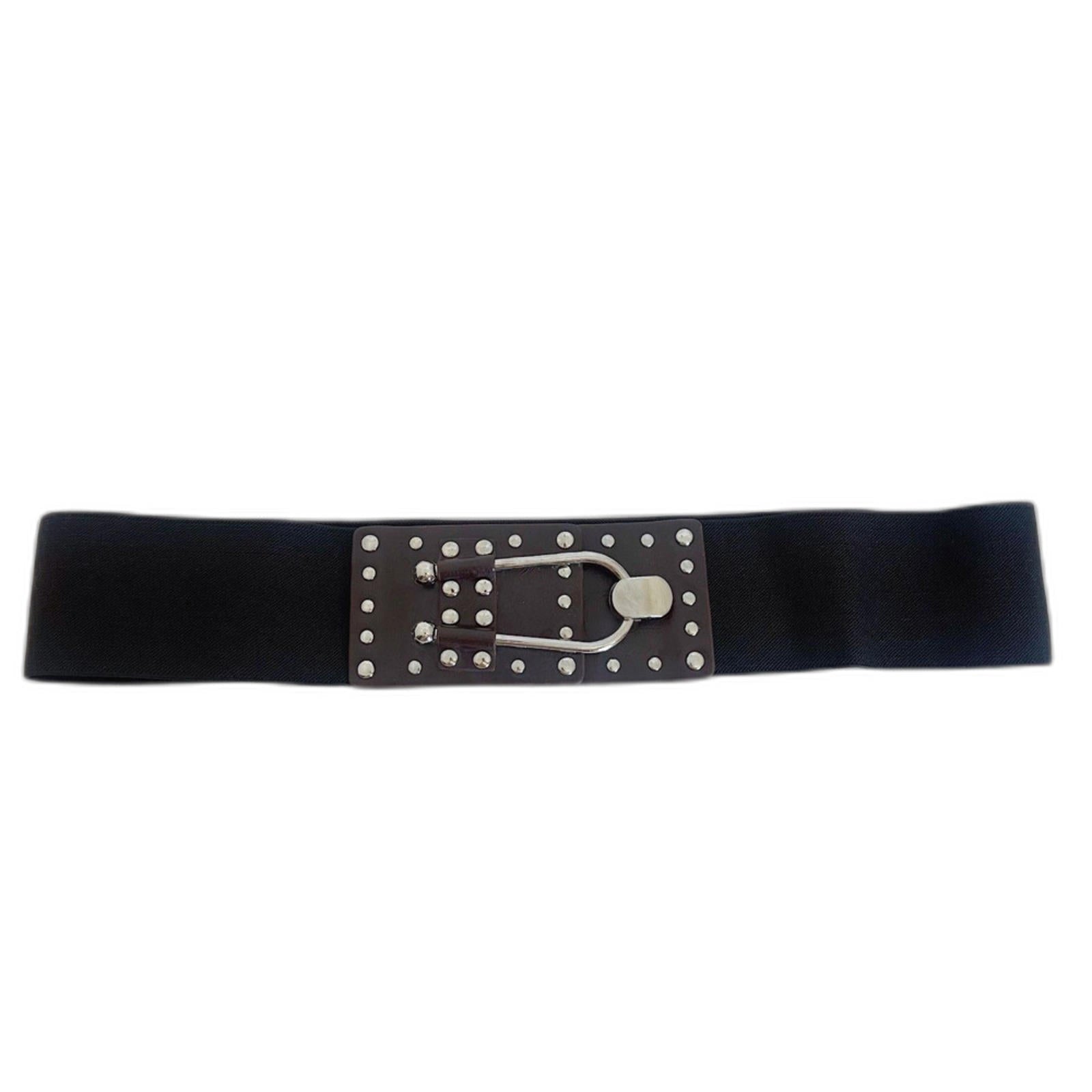Black Chunky Elastic Belt Brown Leather Studded Clasp Boho Y2k OS by Hot Girl Secondhand