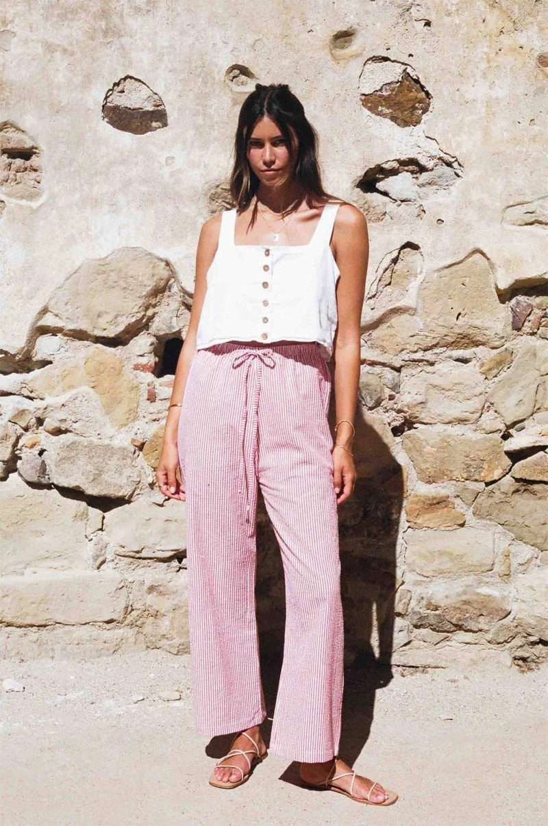 Eva Trousers- Red and White Seer Sucker Trousers by Merritt Charles