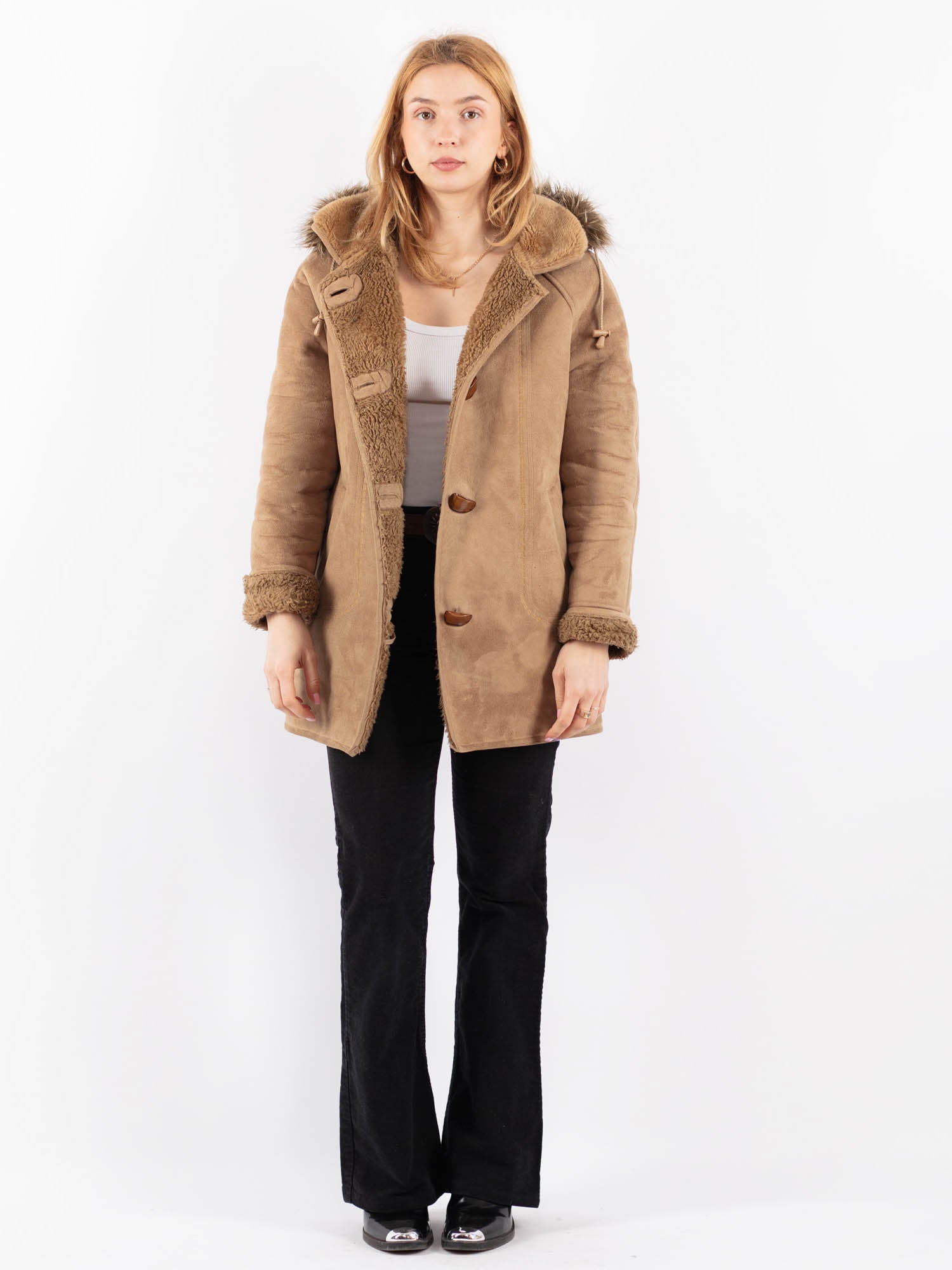 Vintage 90's Women Faux Sheepskin Coat in Beige by Northern Grip