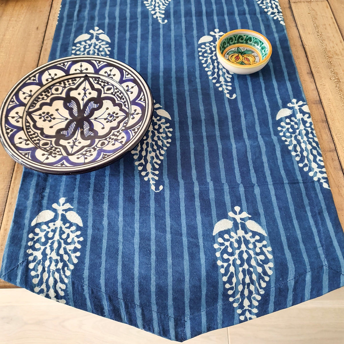 Indigo block-printed table runner, handmade by Shakti.ism