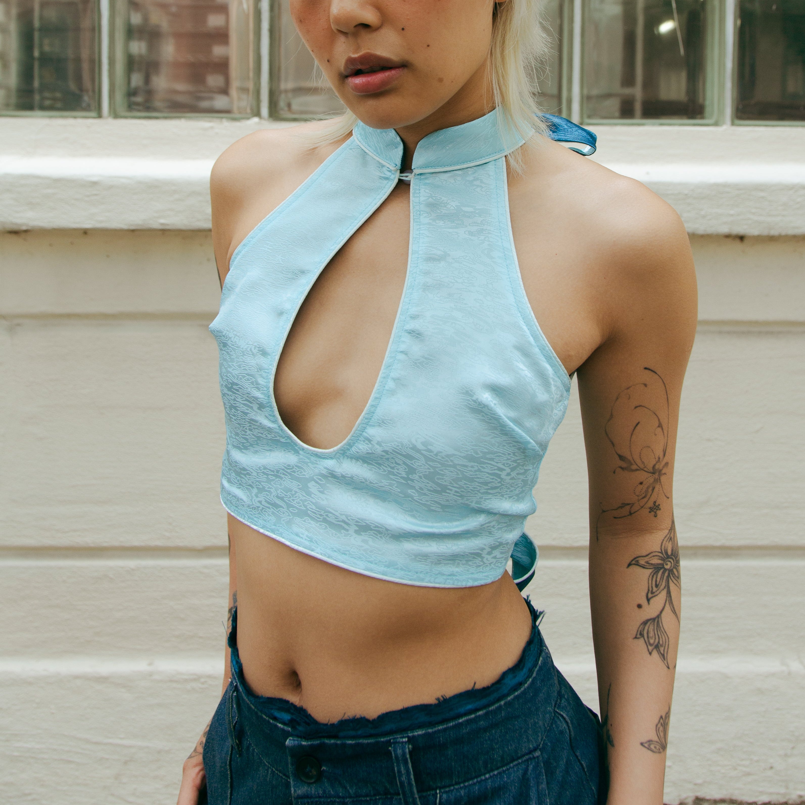 Xi Keyhole Reversible Tie-up Top Elixir Blue by DAWANG