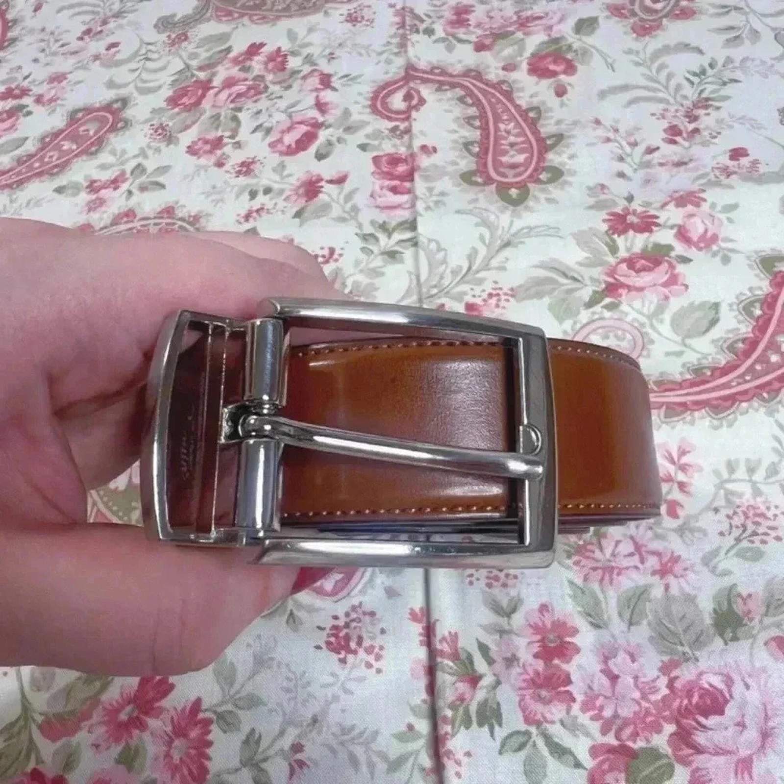 Original Penguin Cognac Leather Belt Silver Square Buckle Size 36 by Hot Girl Secondhand