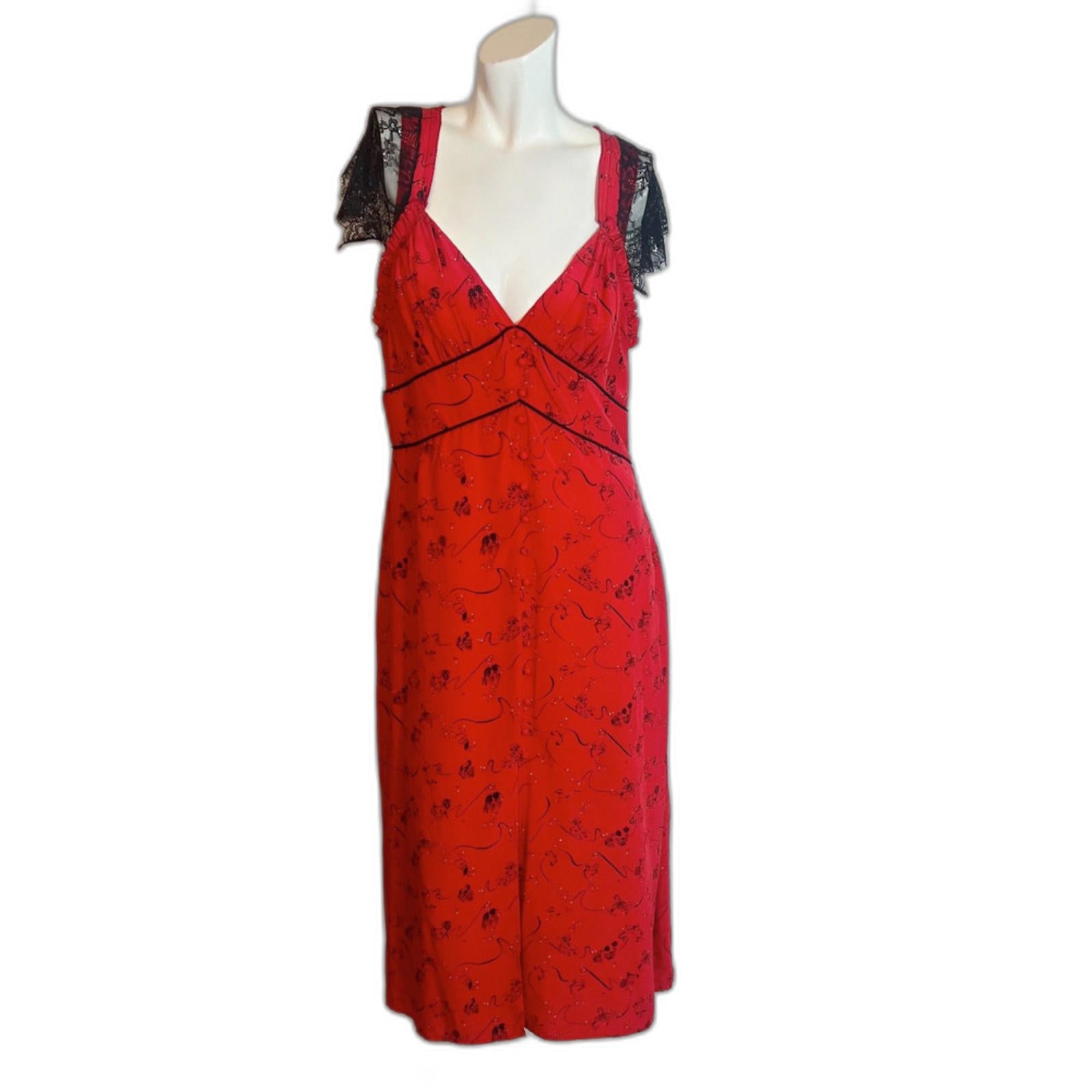 Tanya Taylor Silk Zodiac Print Kara Midi Dress Red Black Lace Cap Slee by Hot Girl Secondhand