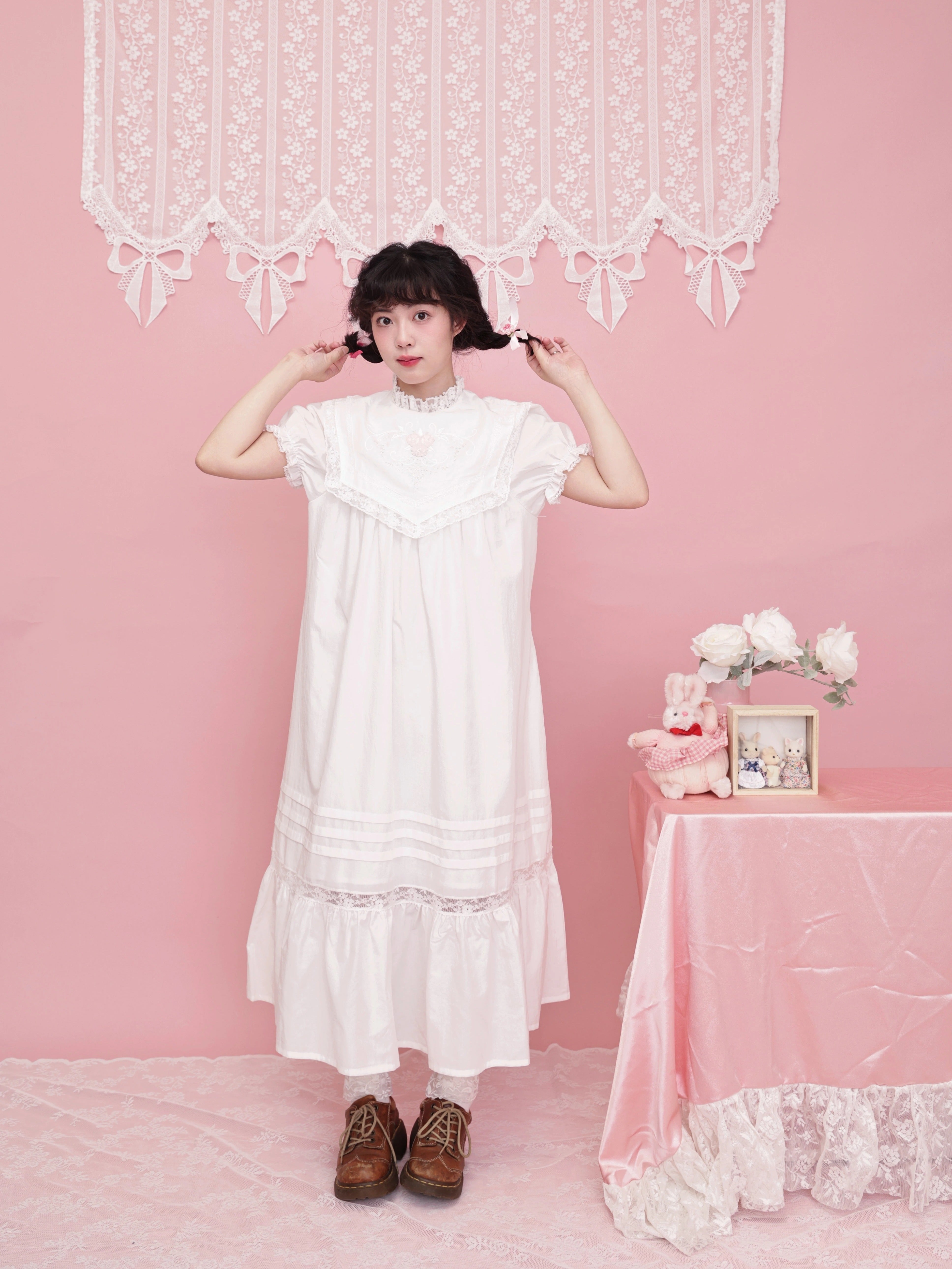 SemenCoicis - Vintage Floral Embroidered Pleated White Dress Retro Girl Style by Land Decora