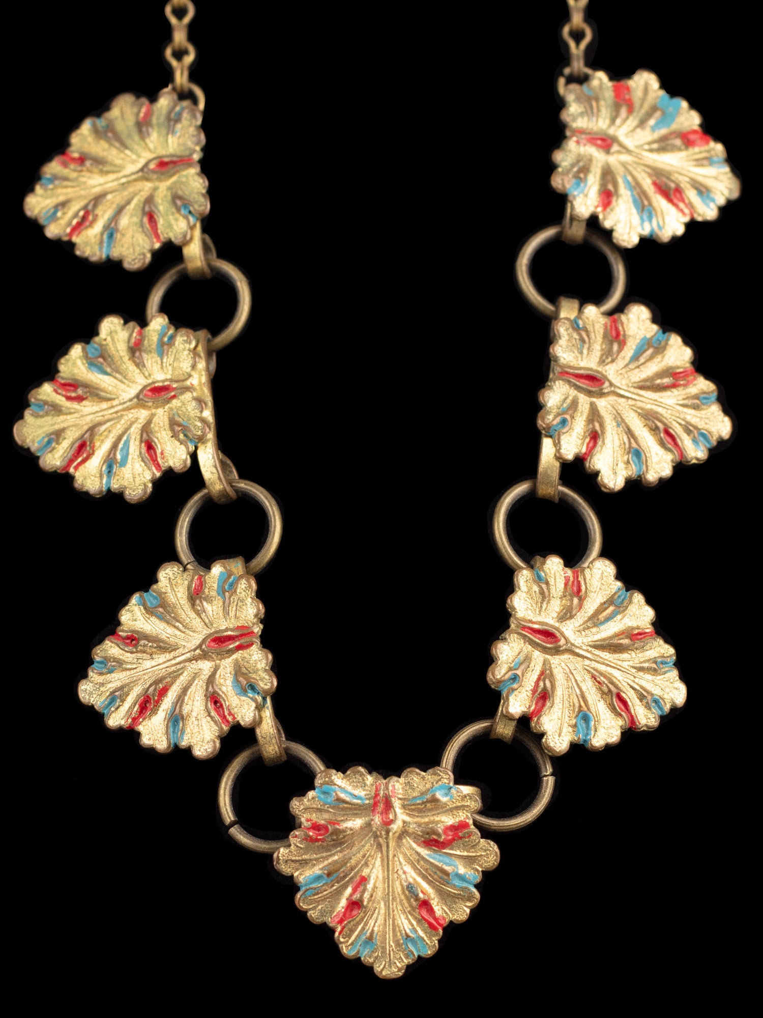 Vintage 30s Art Deco Leaf Necklace with Red and Blue Accents by Northern Grip