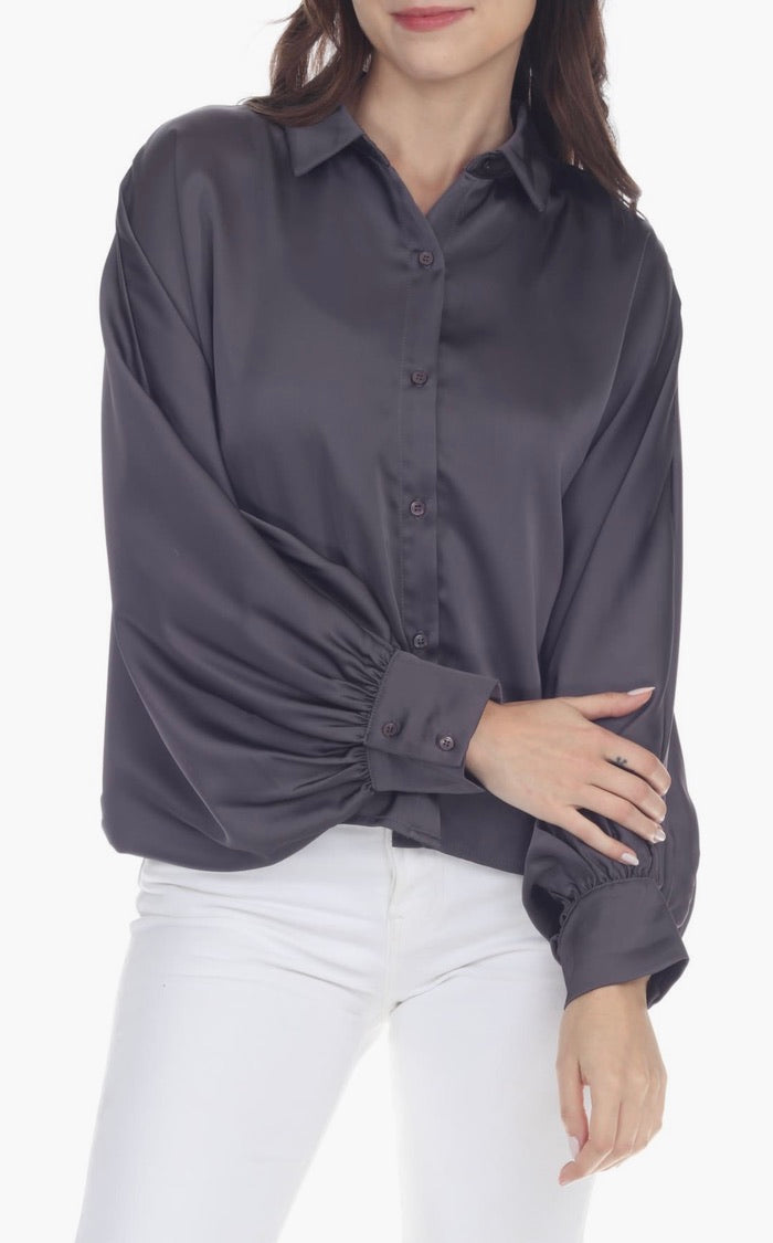 Dolman Balloon Sleeve Satin Button-up Blouse by Sierra Deene