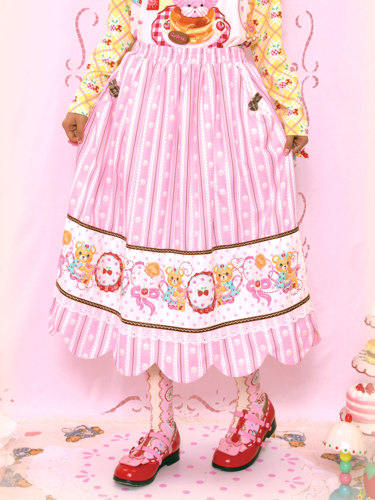 Kawaii Skirt Striped Cream Print Elastic Waist Long - Lutra Jump by Land Decora