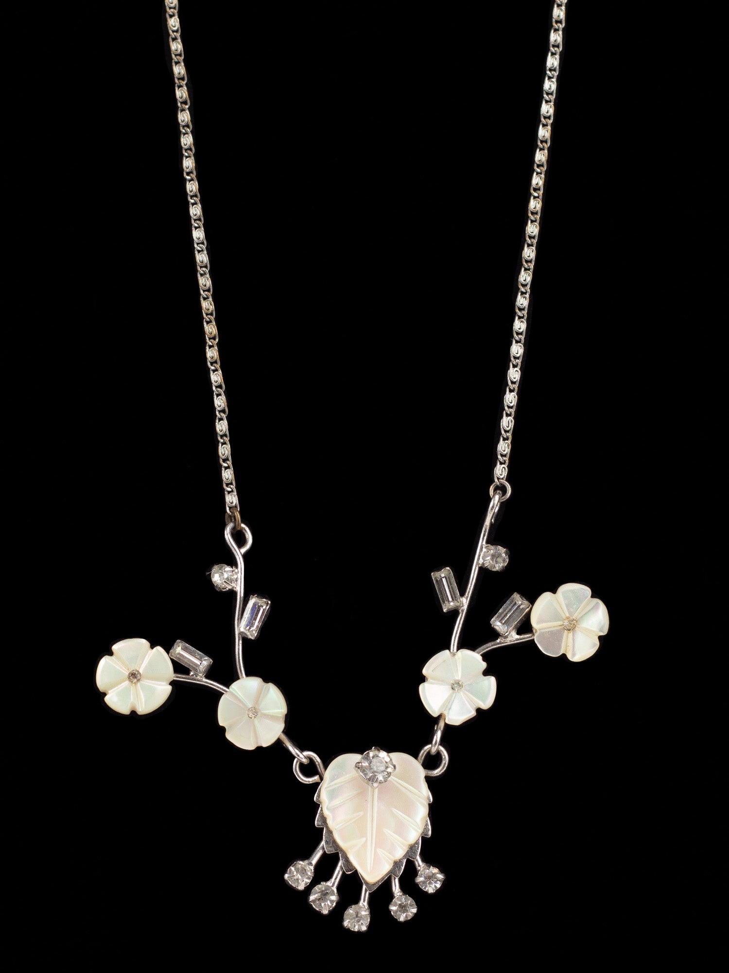 Vintage 50s Mother of Pearl Flower Necklace with Silver-Tone Leaf Pendant by Northern Grip