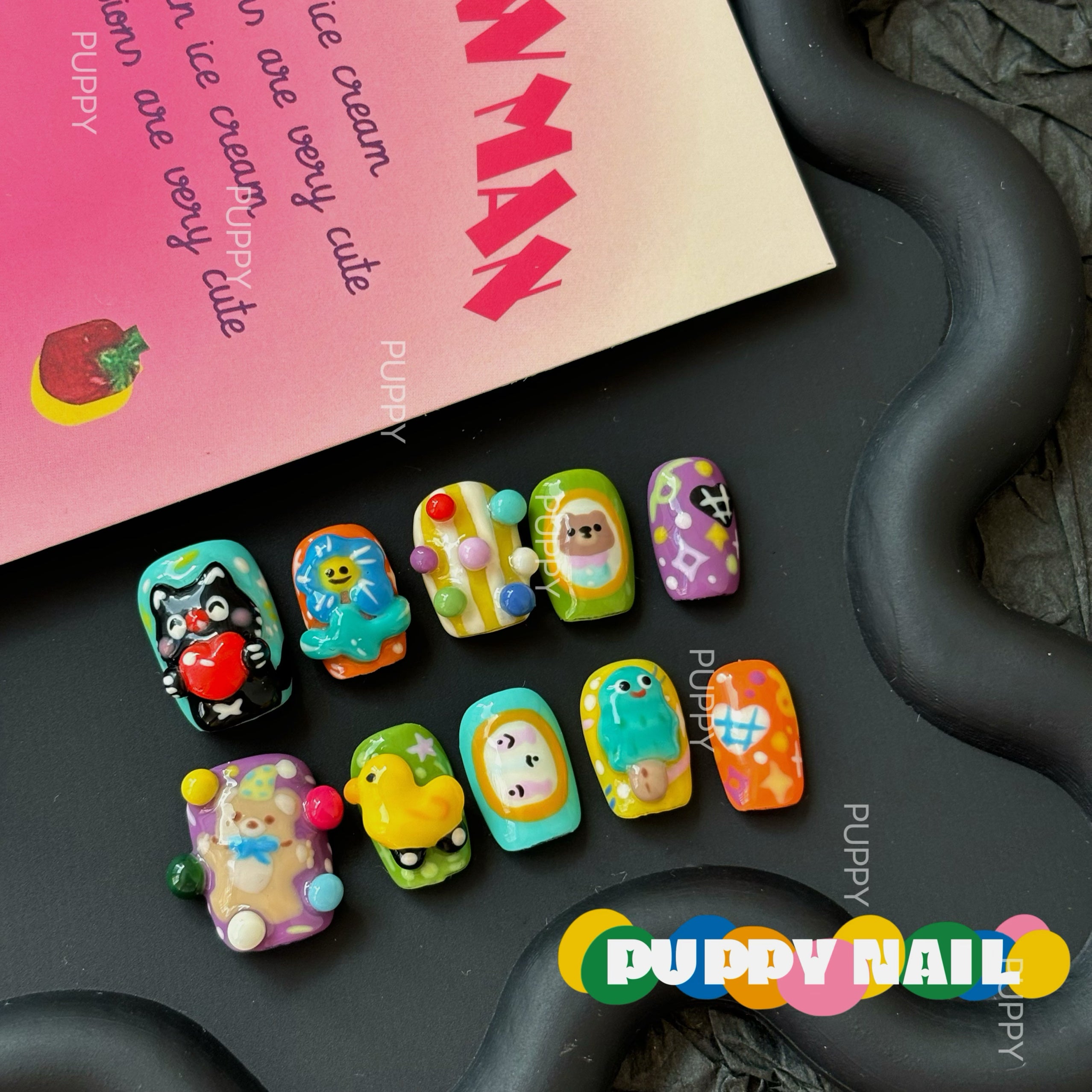PUPPY Kid Fun Park Handmade Wearable Nail Set 3D Kitten Nails by Land Decora