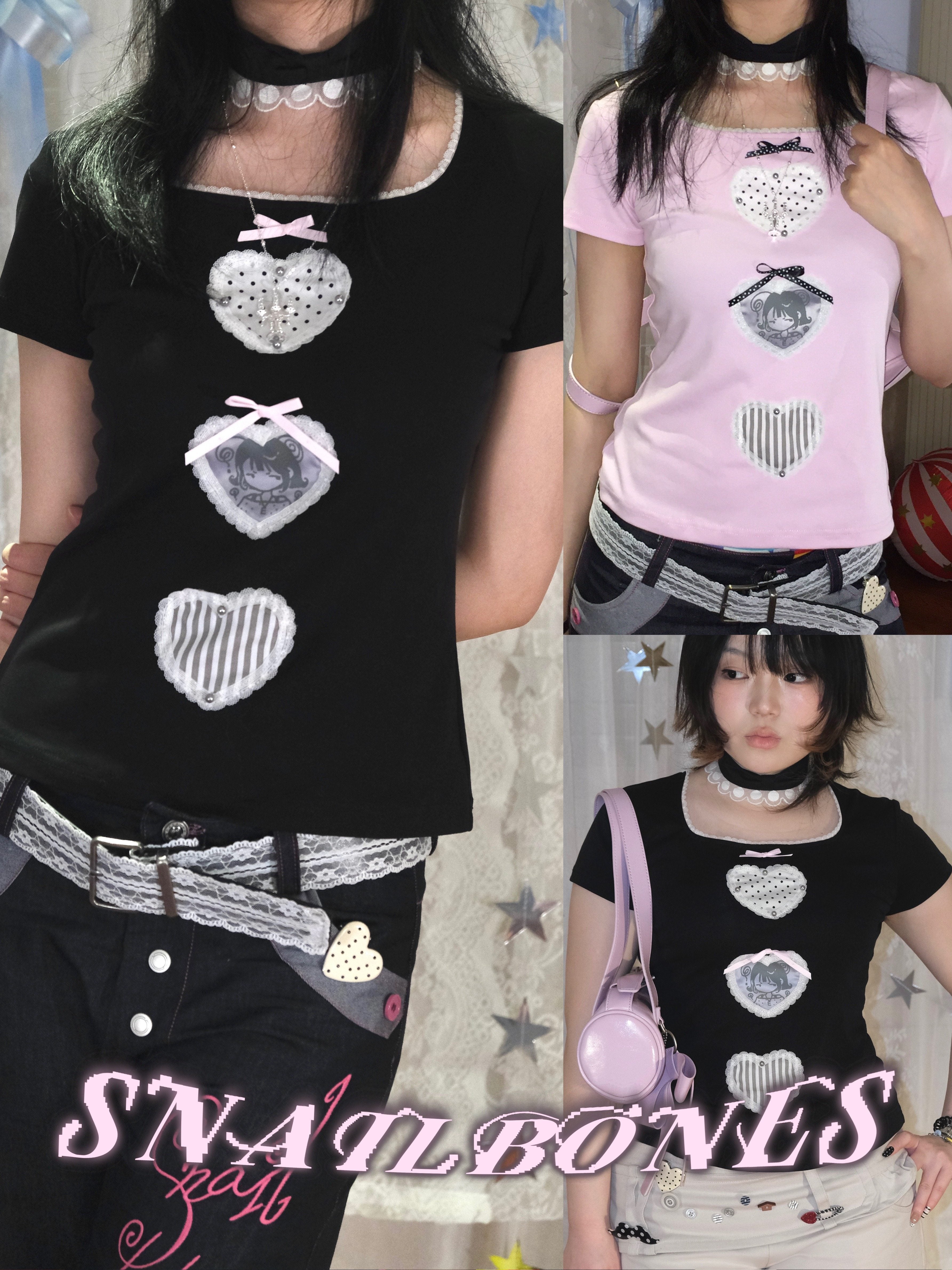 Kawaii Heart Lace Tee - Snail Bones by Land Decora