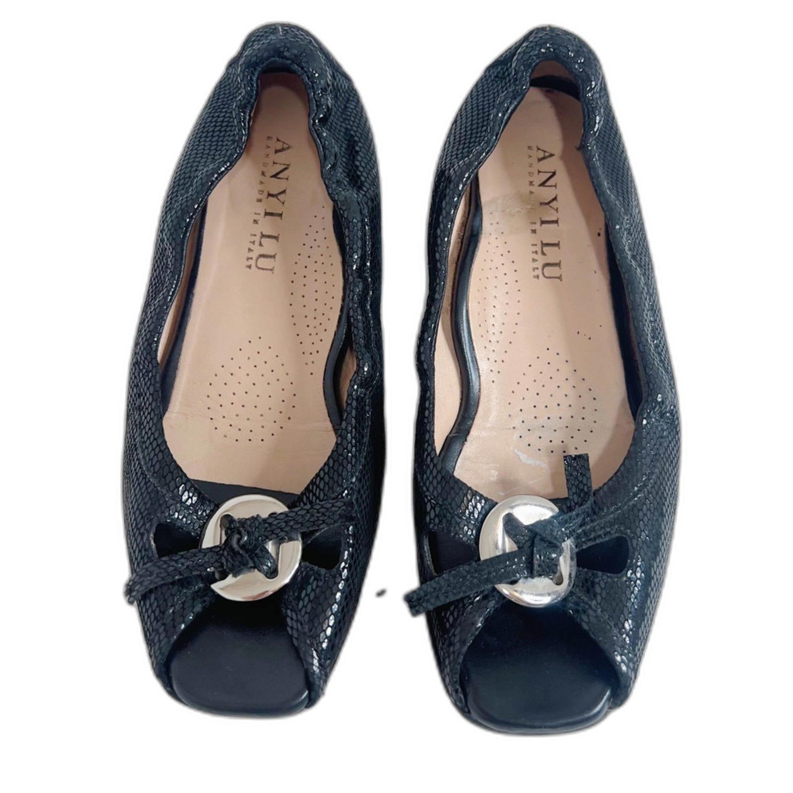 Anyi Lu Harmony Peep Toe Ballet Flat Black Snakeskin Leather Size 36.5 by Hot Girl Secondhand
