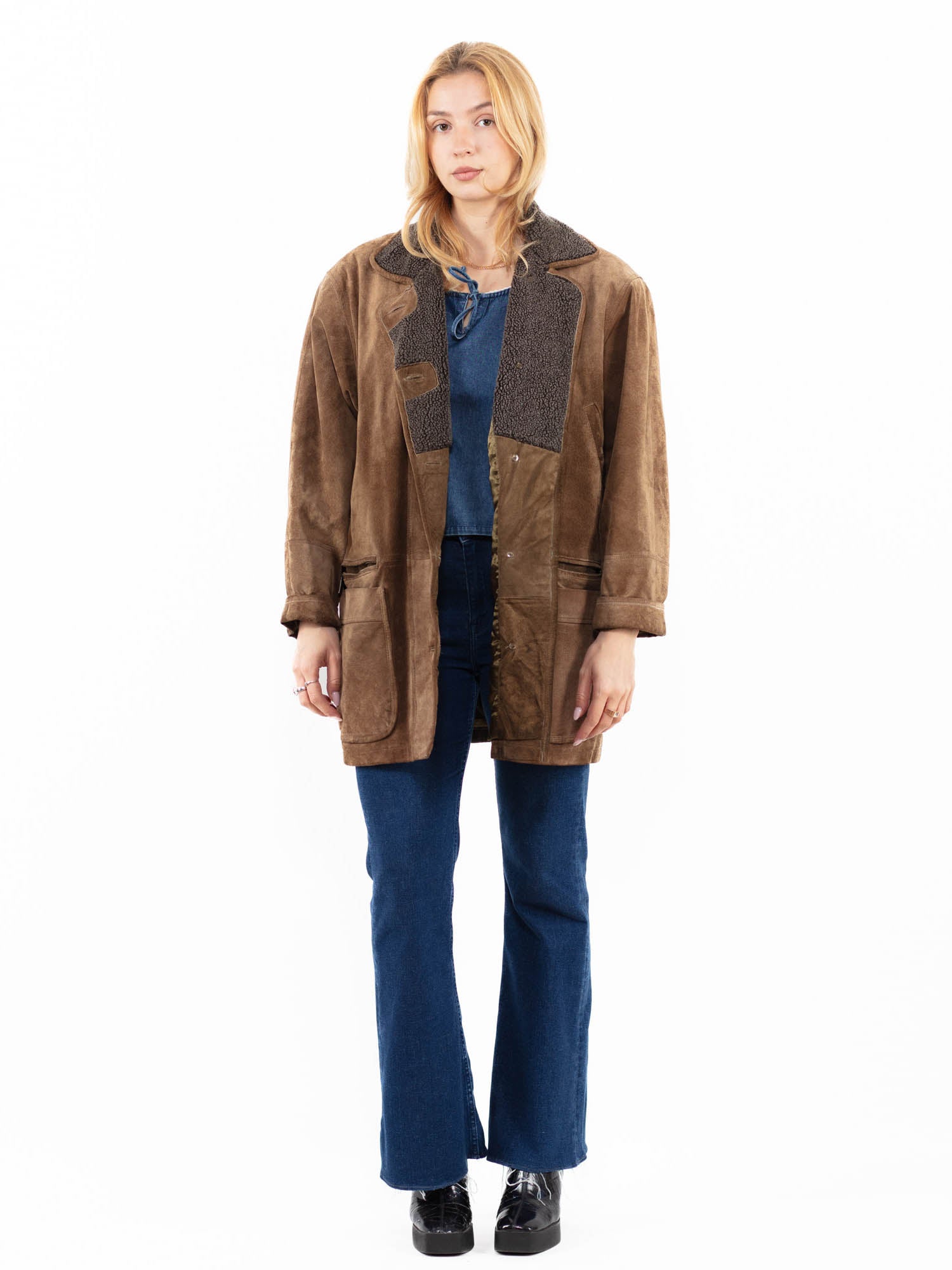 Vintage 90's Women Suede Sherpa Coat in Beige by Northern Grip