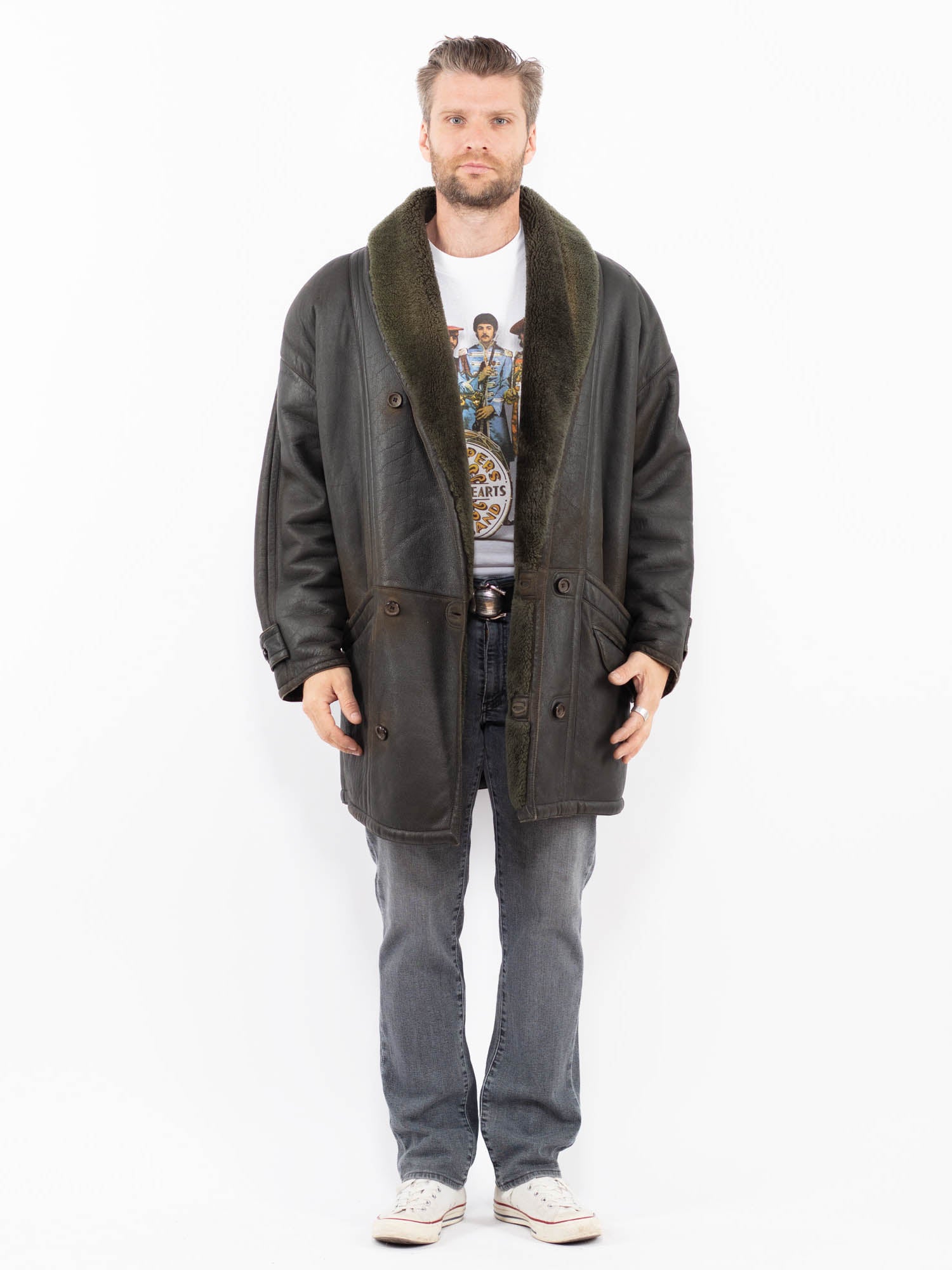 Vintage 80's Men Sheepskin Coat in Green Brown by Northern Grip