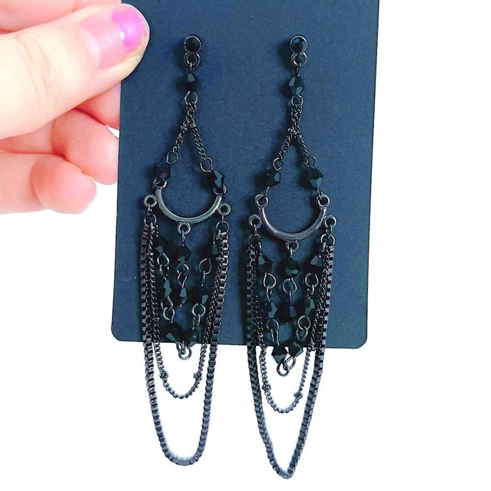 Gunmetal Chain Chandelier Earrings Black Beading Gothic Grunge Punk by Hot Girl Secondhand