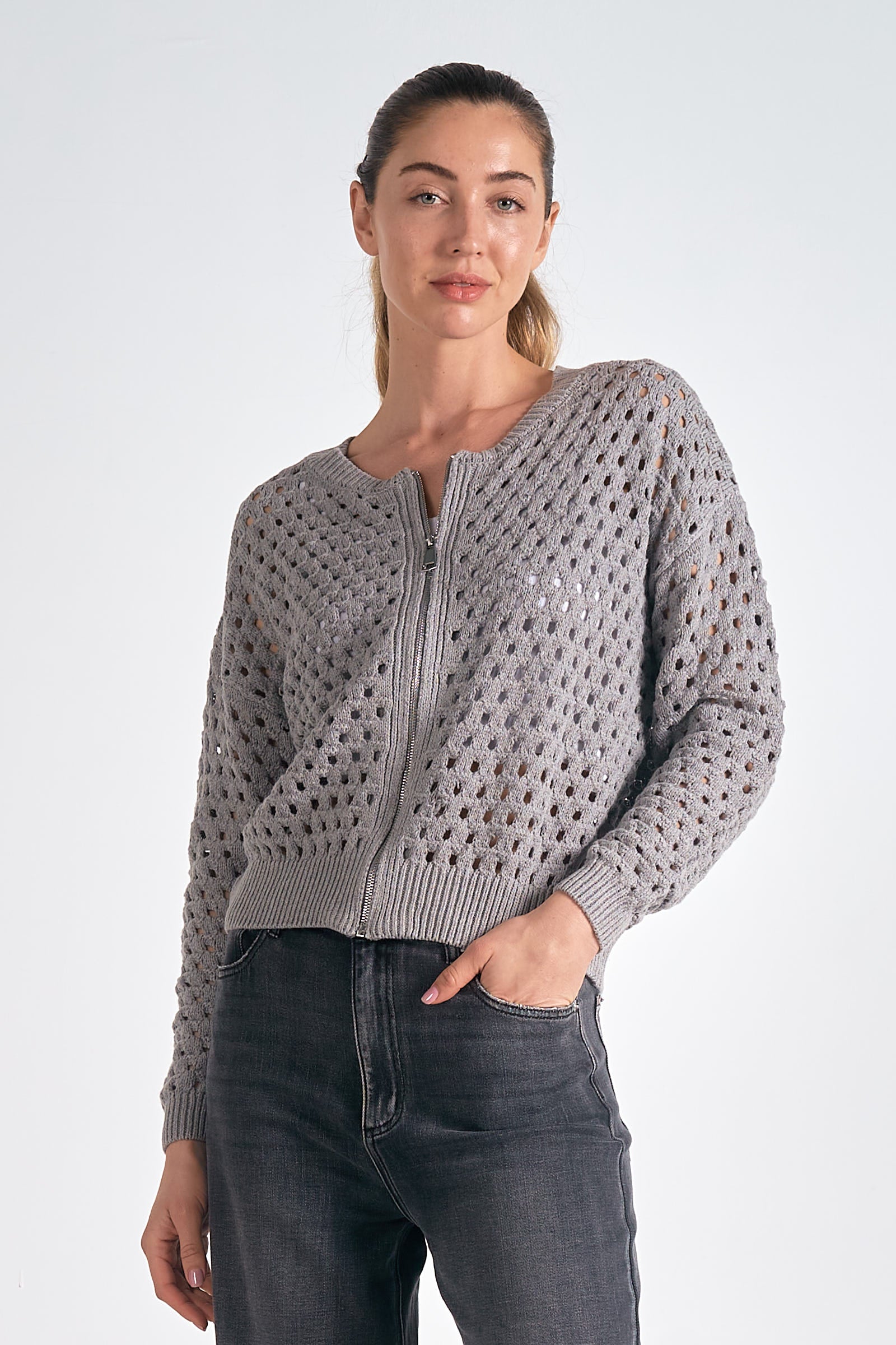 Zip-Up Sweater Cardigan - Light Gray by Sierra Deene