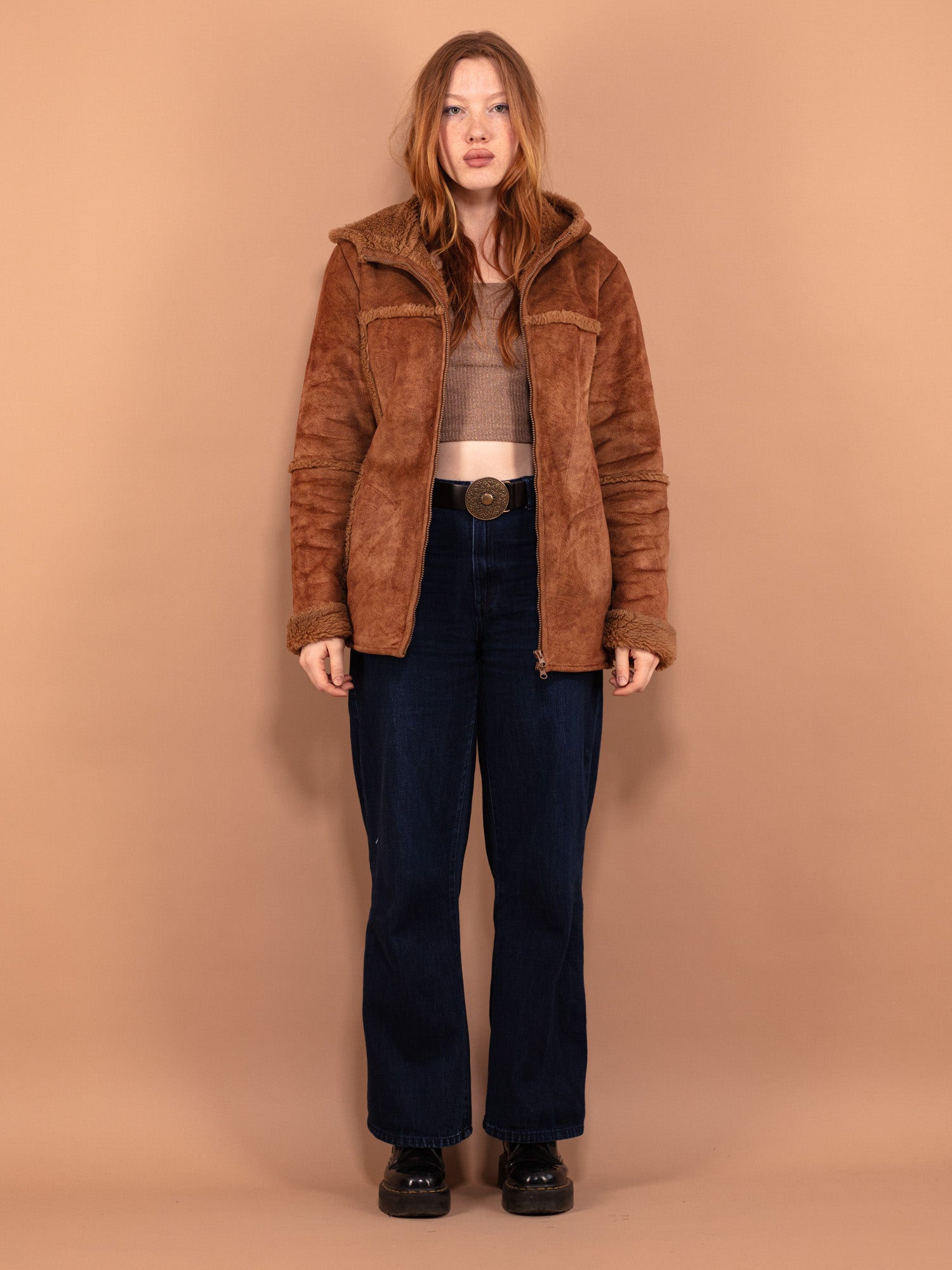 Vintage 00's Women Hooded Sherpa Jacket in Brown by Northern Grip