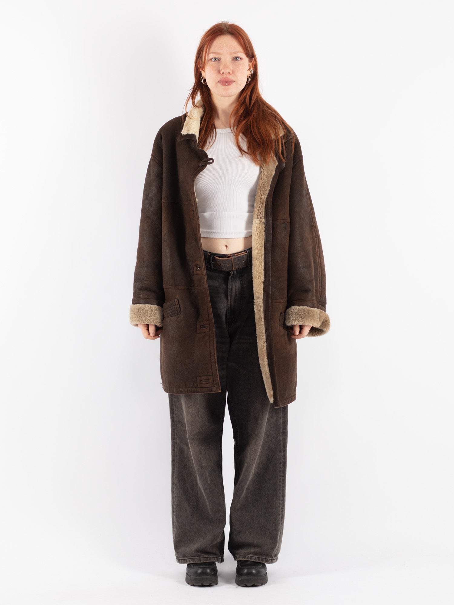 Vintage 90's Women Oversized Sheepskin Coat in Brown by Northern Grip