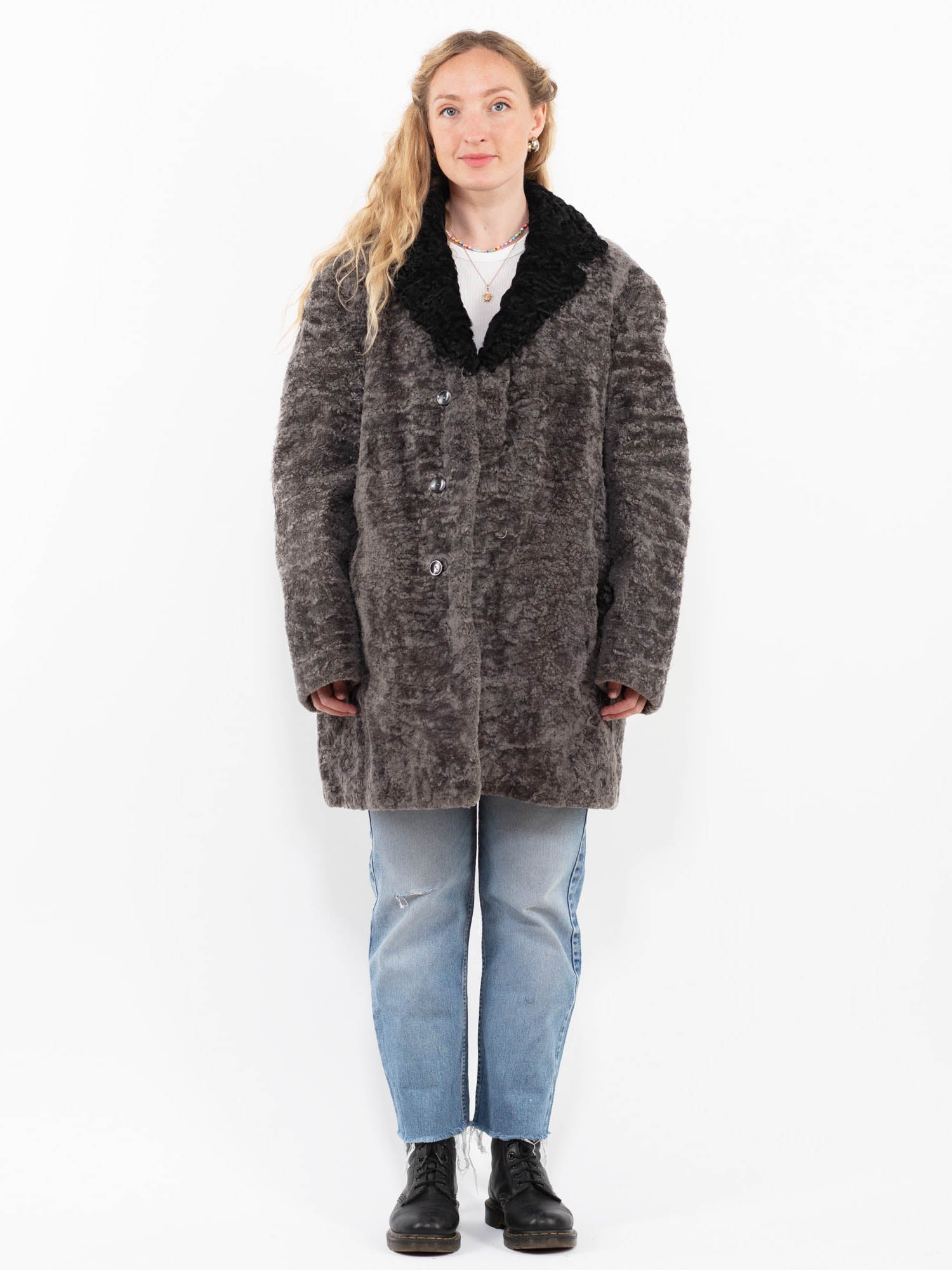 Vintage 70's Women Sheepskin Wool Coat in Gray by Northern Grip