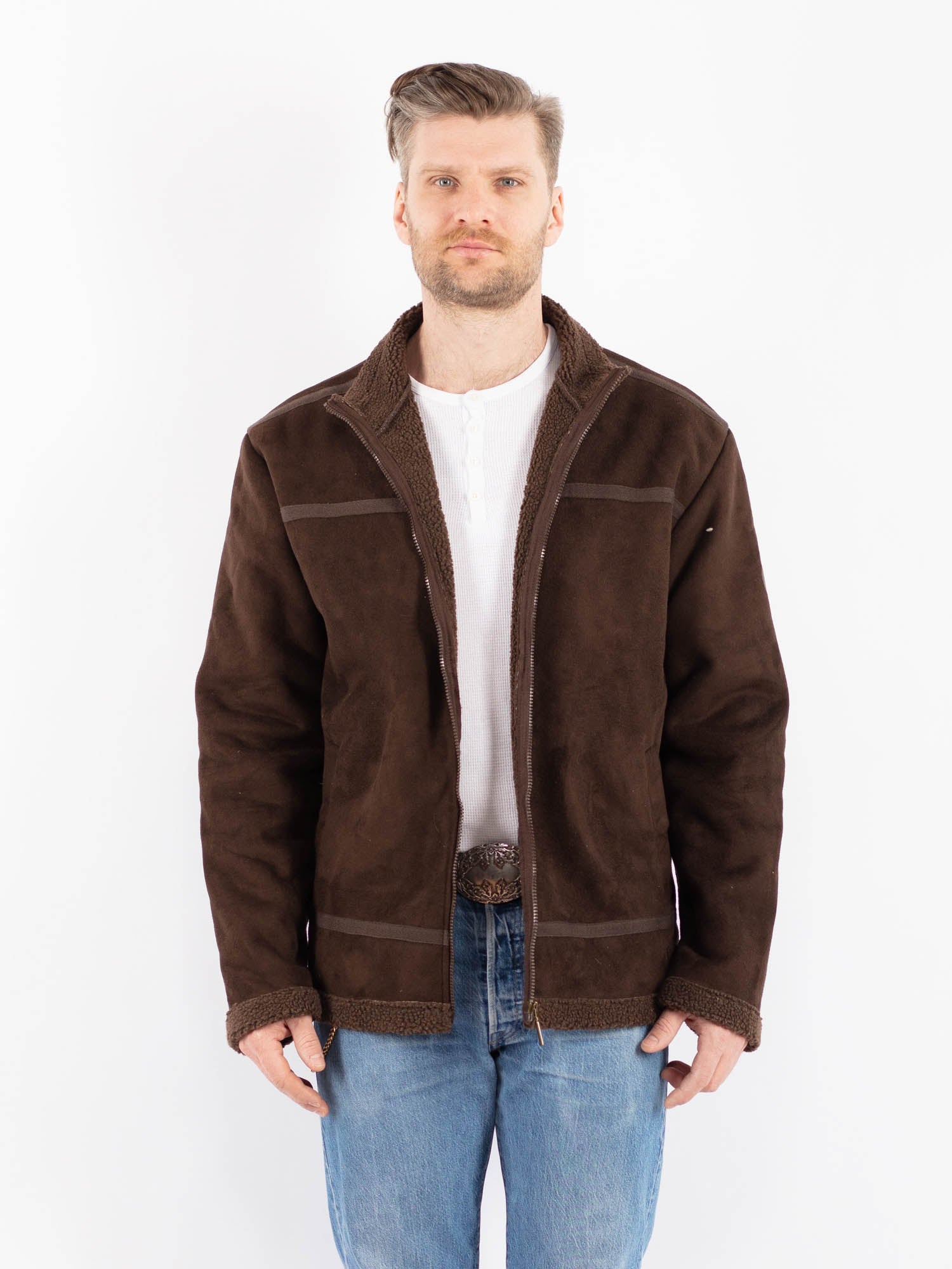 Vintage 00's Men Faux Sheepskin Jacket in Brown by Northern Grip
