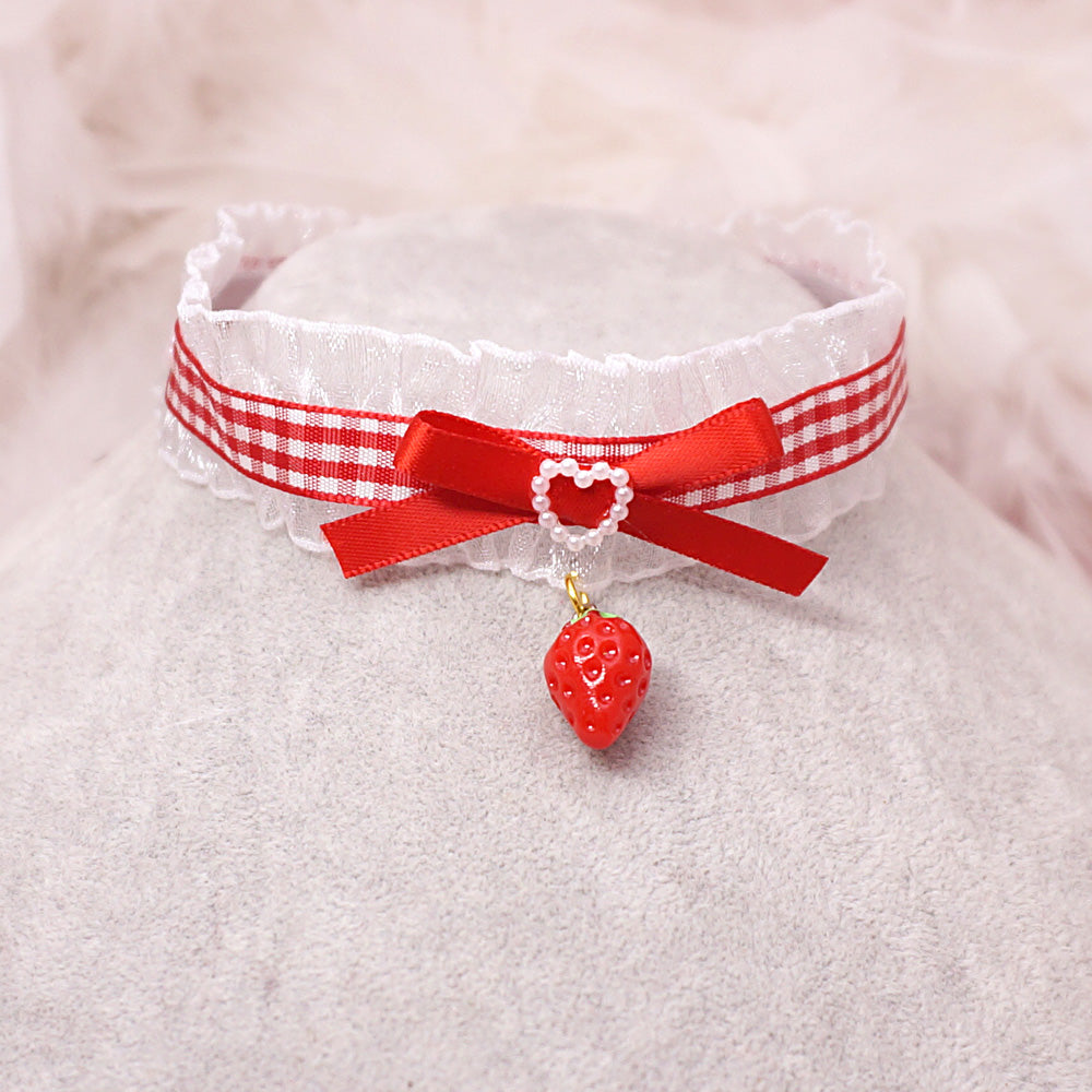 Kawaii Red Bow Strawberry Lace Choker Necklace - MaoJiang by Land Decora