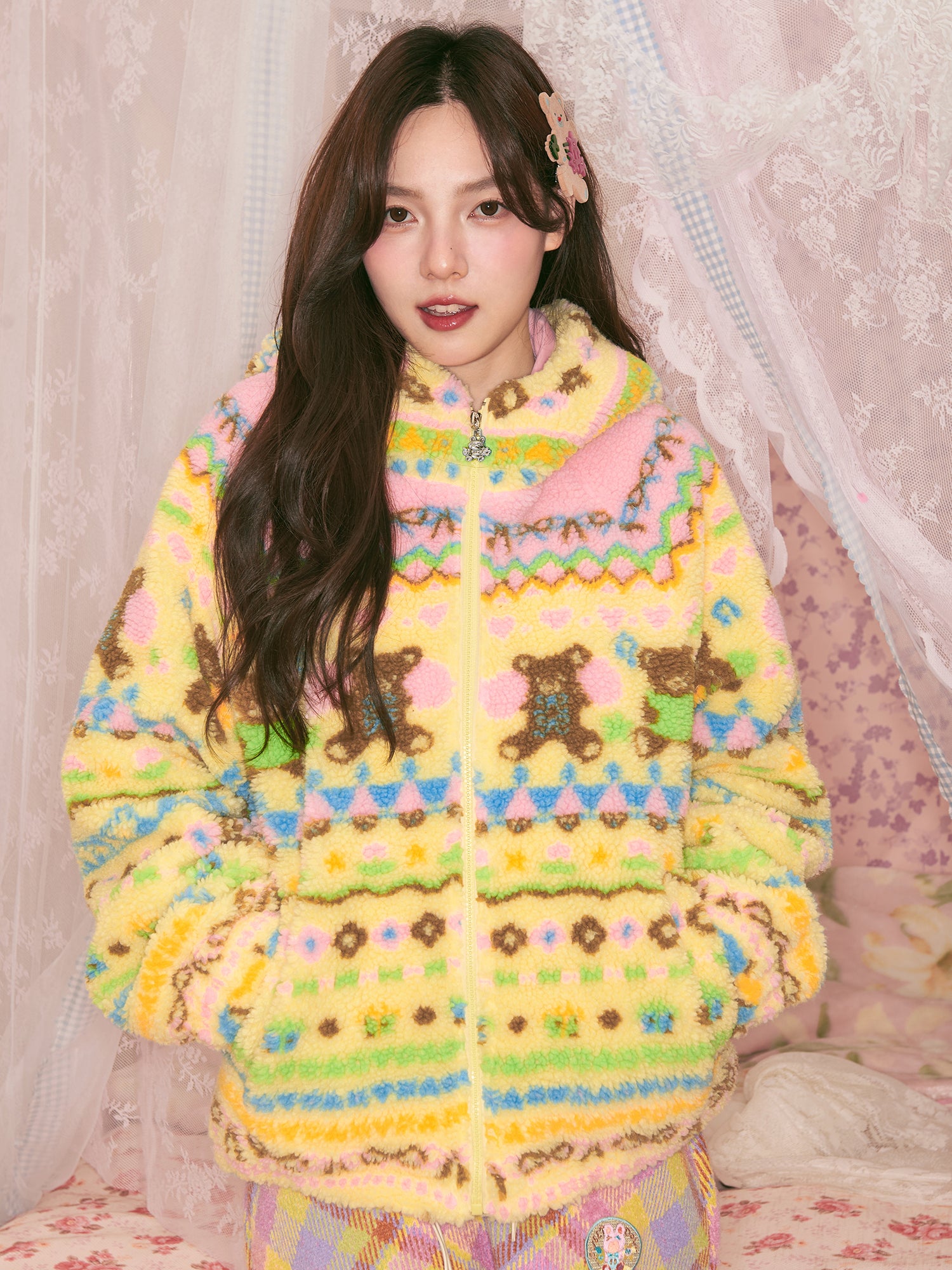 Dopamine Yellow Bear Fleece Jacket - Kawaii Plush Hooded Coat - tntntutu by Land Decora