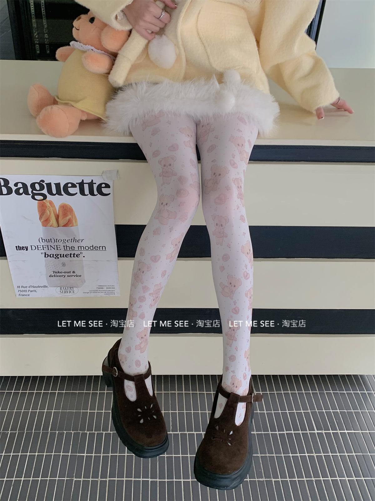 LET ME SEE Printed Velvet Tights | White Japanese-Style Pantyhose by Land Decora