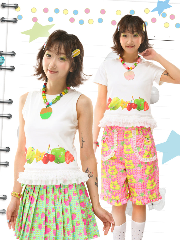 FRUITS Print Cami | Lace‑Hem Tee | White Sleeveless Shirt by Land Decora