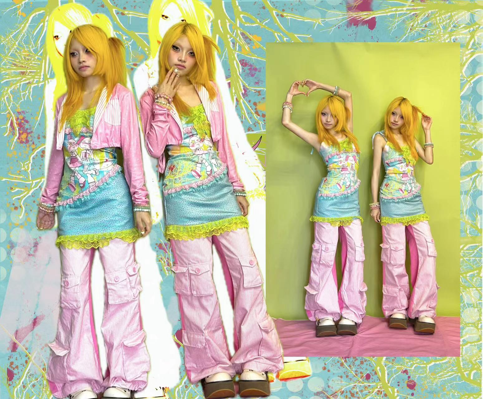 YJM with biubiu Pink Polka Dot Jacket | Striped Patchwork Tie-Up Short by Land Decora