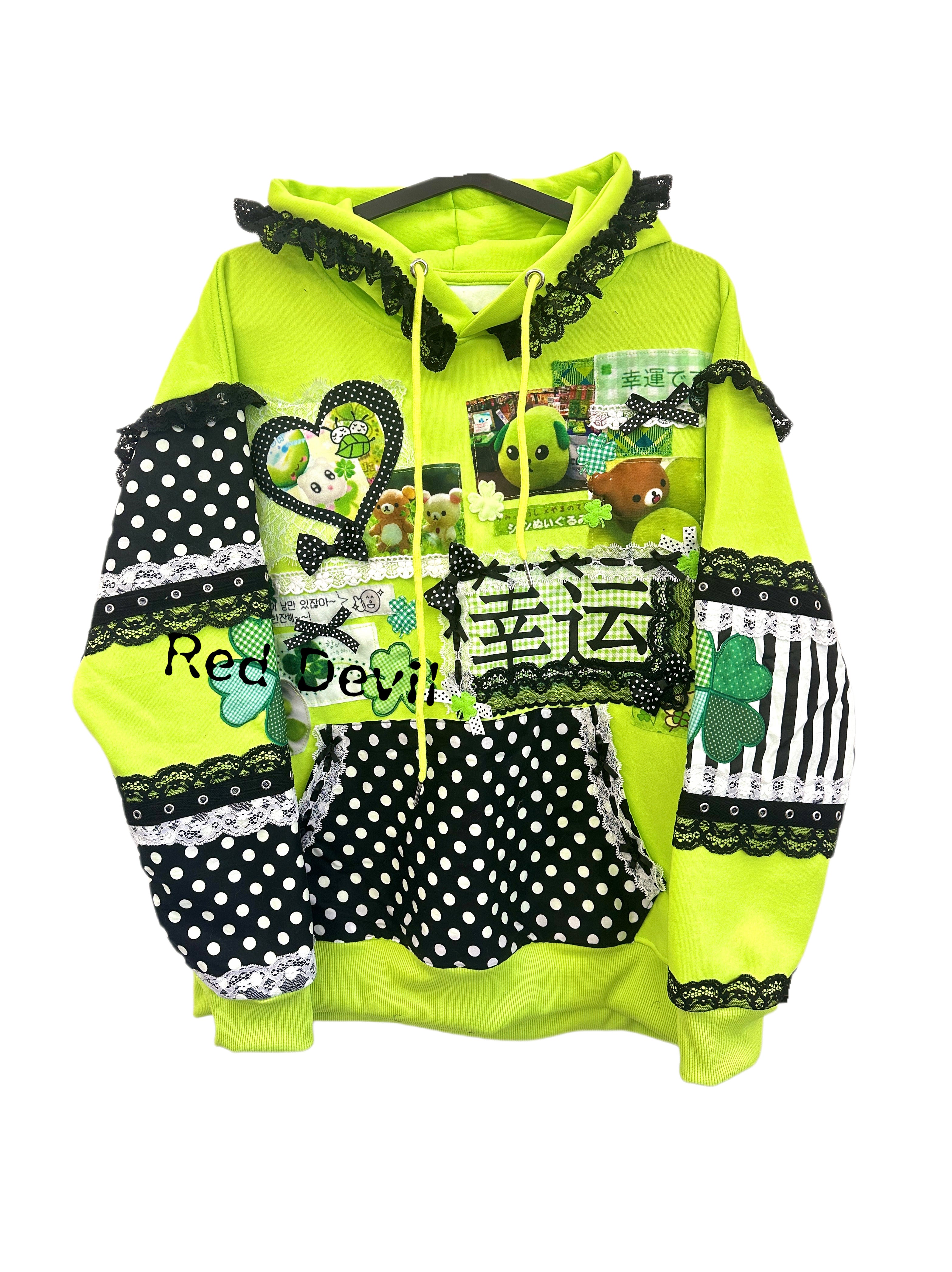 Decora Kei Neon Green Clover Lace Sweatshirt Vintage Girl - RedDevil