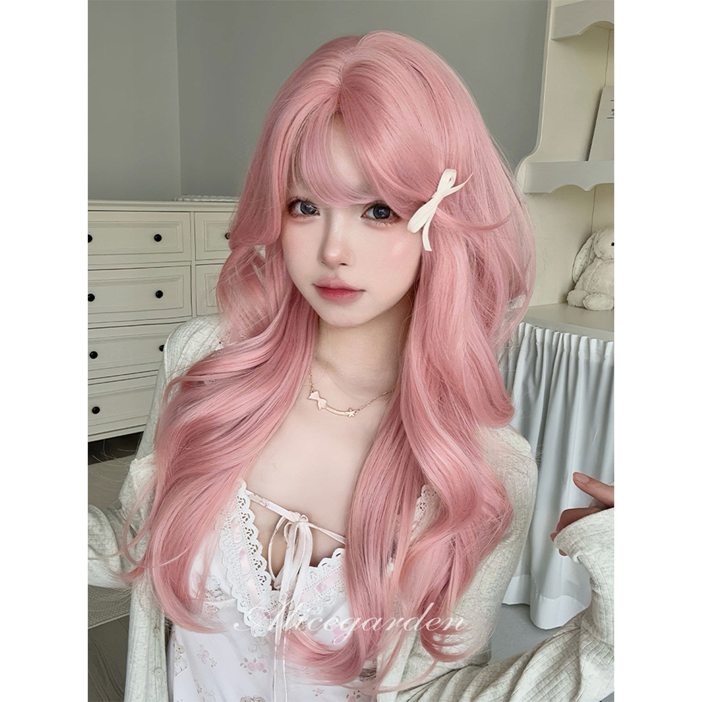 Coral Pink Long Curly Wig | Sweet Lolita Korean Girly Hair by Land Decora