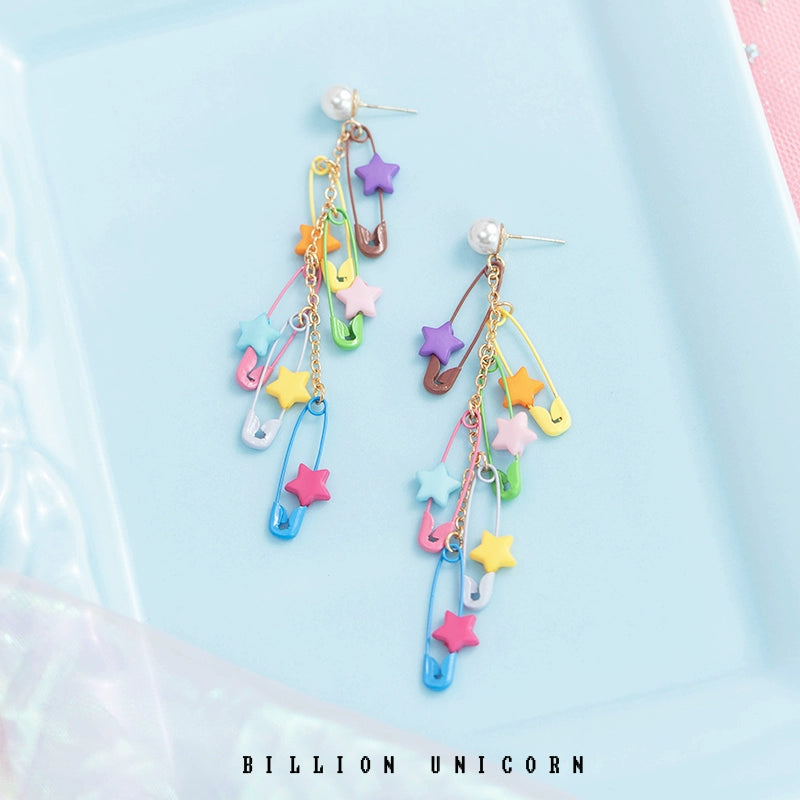 Kawaii Decora Kei Harajuku Fashion - Pink Unicorn Dopamine Pin Star Earrings by Land Decora