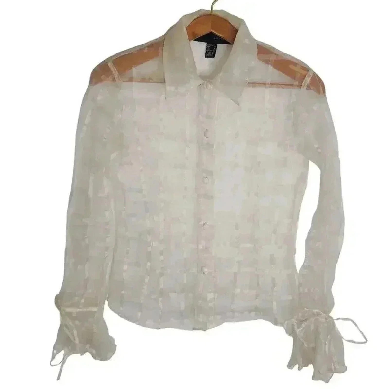 y2k Vintage JS Boutique Sheer White Blouse Chiffon Women's Size 4 by Hot Girl Secondhand