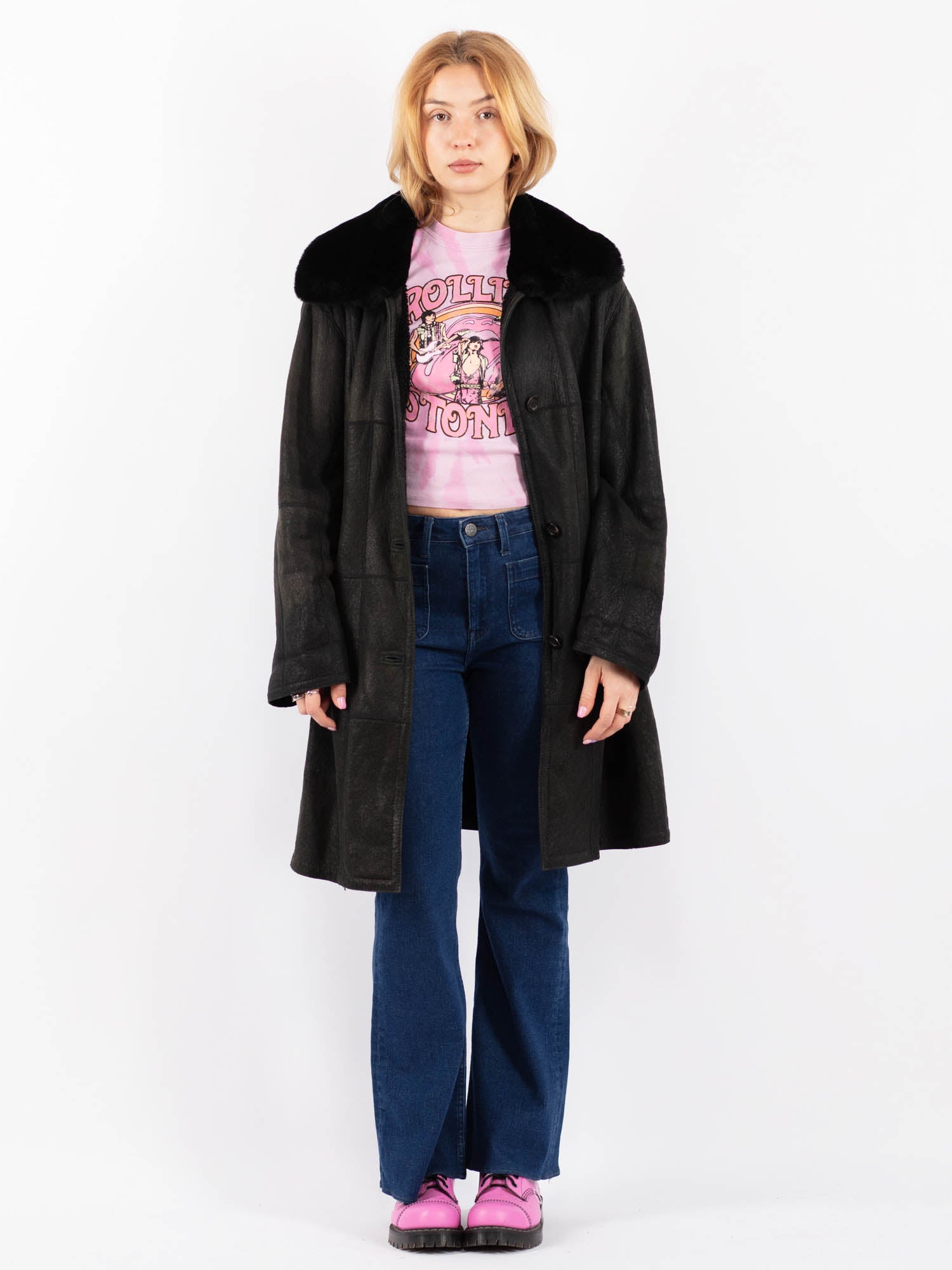 Vintage 90's Women Sheepskin Coat in Black by Northern Grip