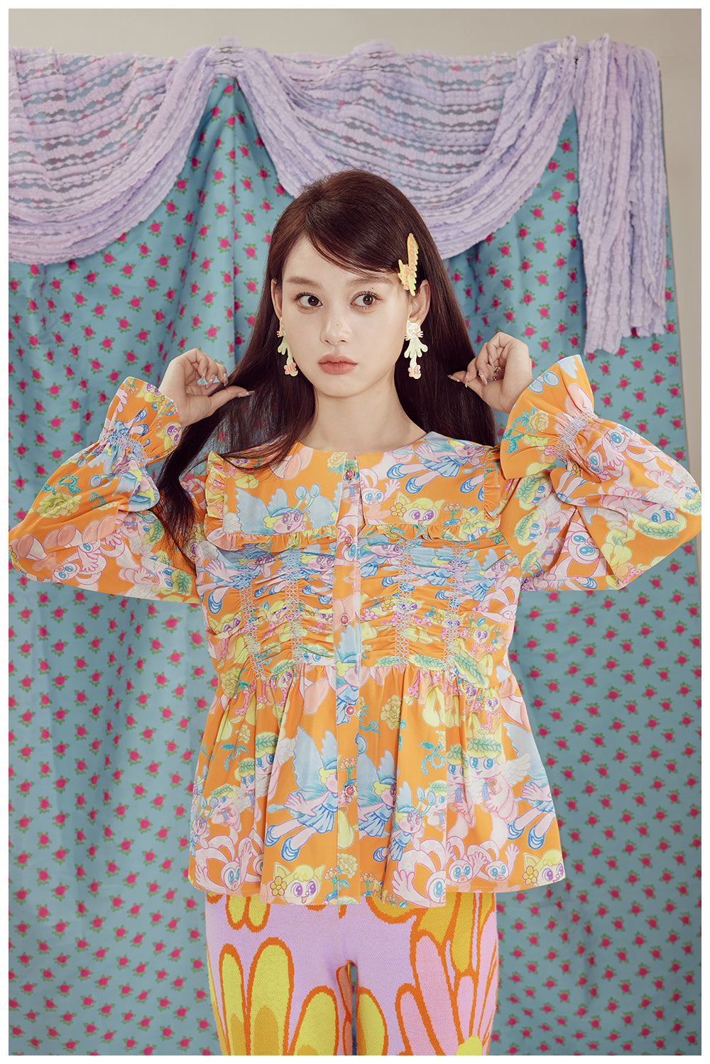 Harajuku Shirt Orange Angel Cute Cartoon Ruffled Print Shirt | Tntntutu by Land Decora