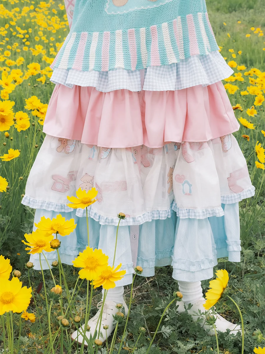 Harajuku Skirt Blue Pink Skirt Bunny Print Skirt Tiered Skirt Meugler by Land Decora