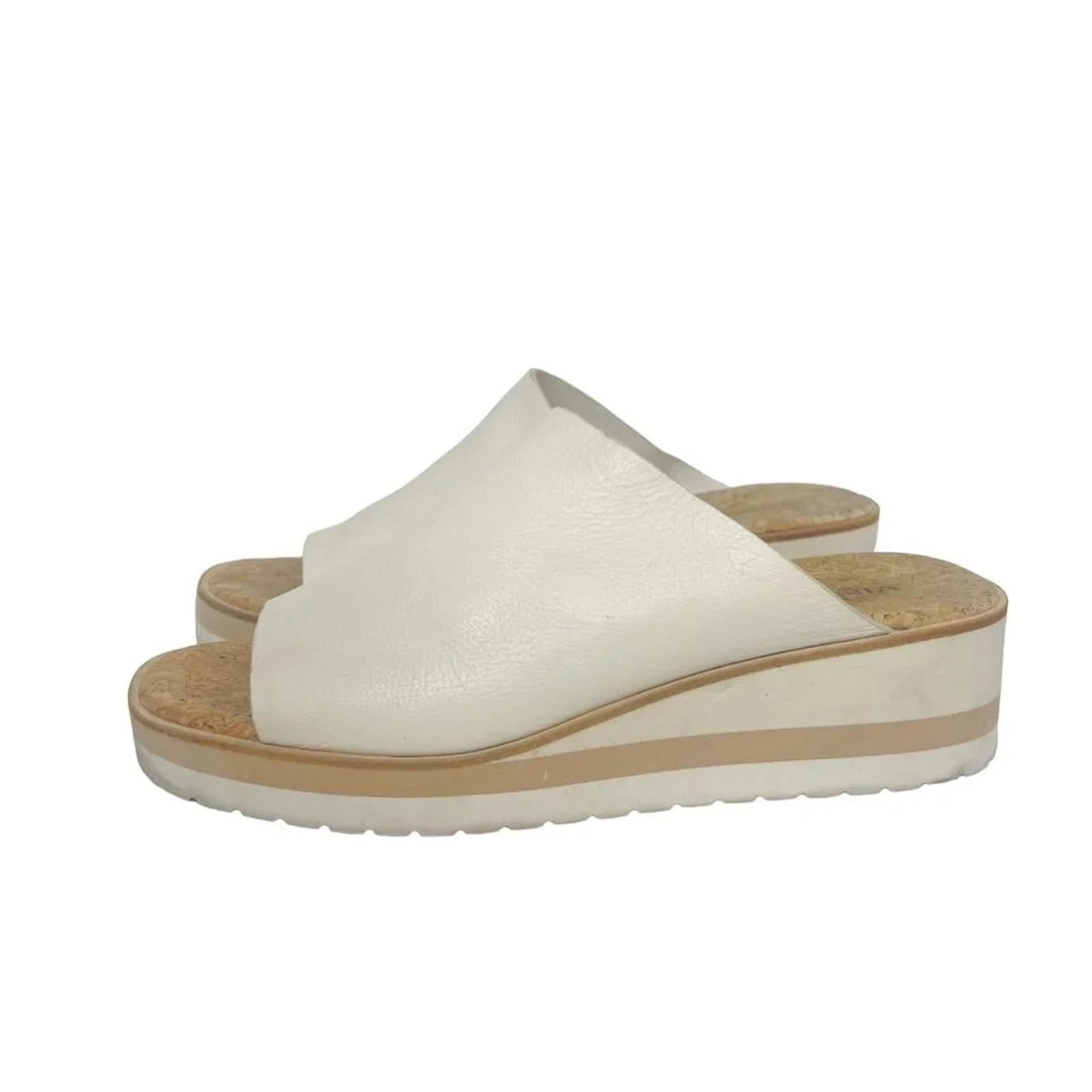 Vince Sarria Leather Cork Slide Wedge Sandals Cream Leather Women's Si by Hot Girl Secondhand