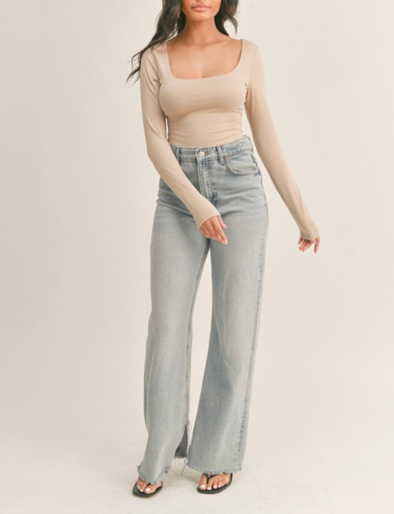 Self Double Scoop Neck Long Sleeve Bodysuit in Taupe by Sierra Deene
