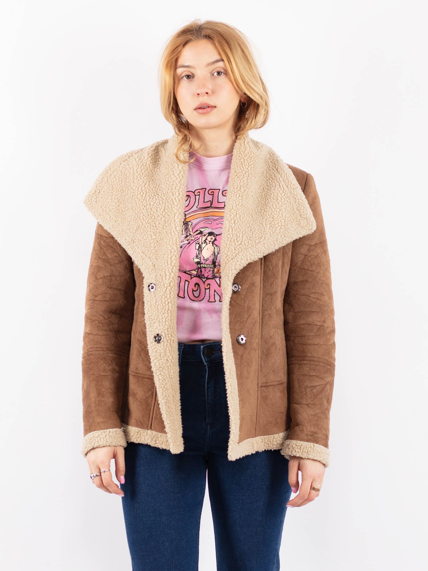 Vintage 00's Women Faux Sheepskin Jacket in Beige by Northern Grip