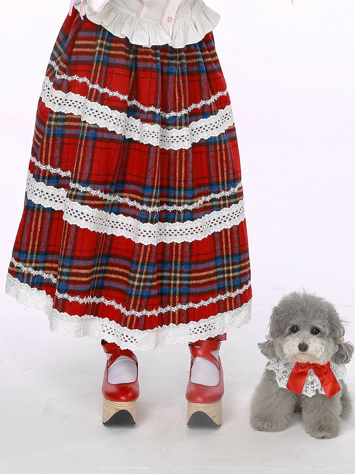 Showa Retro Christmas Red Plaid Skirt Elastic Waist Wide Hem - SOS MEME CLUB by Land Decora