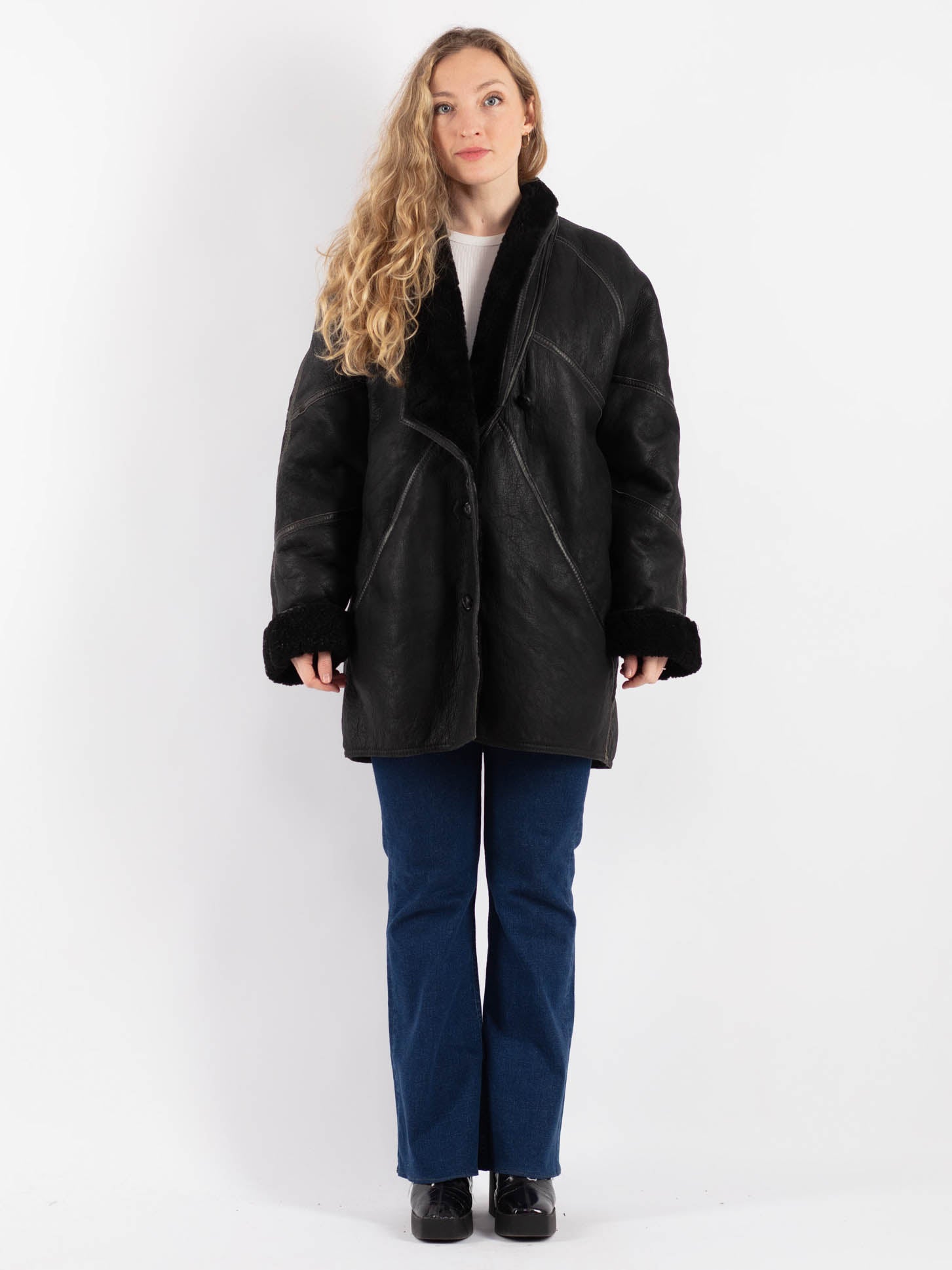 Vintage 90's Women Sheepskin Coat in Black by Northern Grip