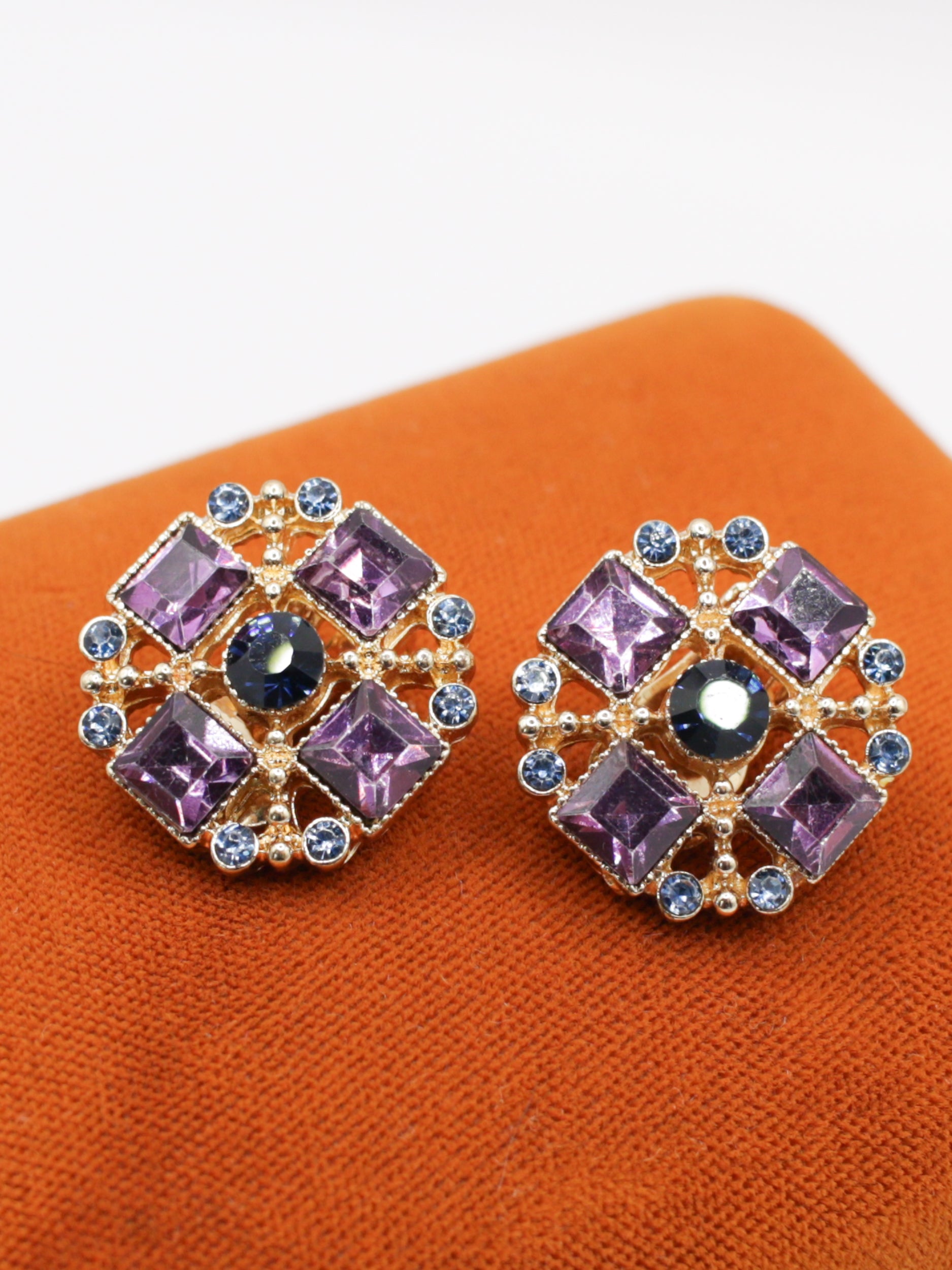 Vintage 80's Purple & Blue Rhinestone Clip-on Earrings by Northern Grip