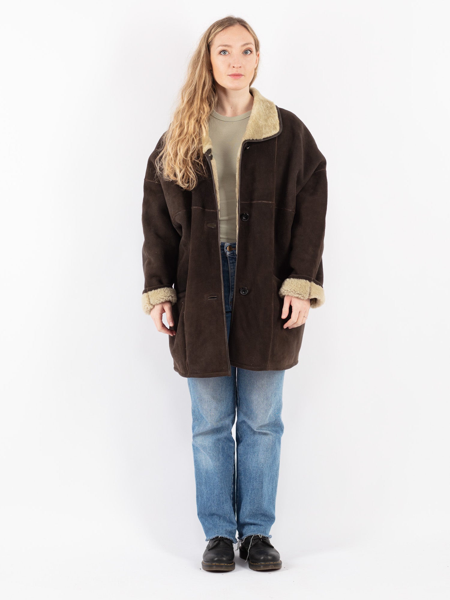 Vintage 90's Women Oversized Sheepskin Coat in Brown by Northern Grip
