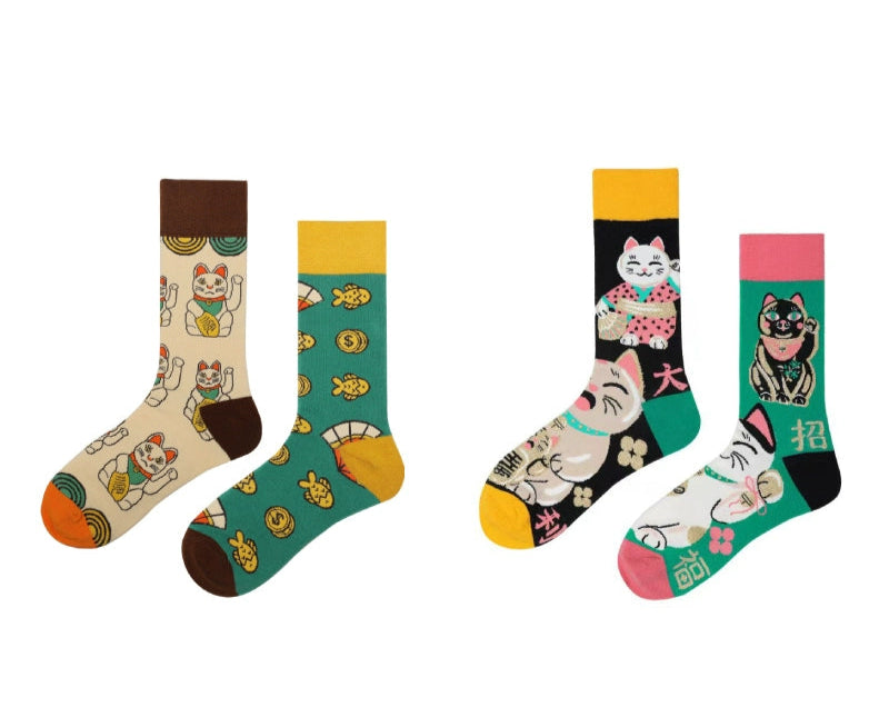 Decora Kei Mismatched Fortune Cat Socks by Land Decora