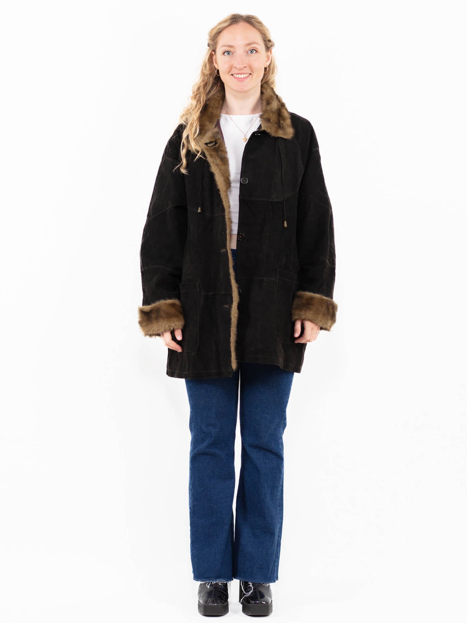 Vintage 00's Women Suede Sherpa Coat in Black by Northern Grip