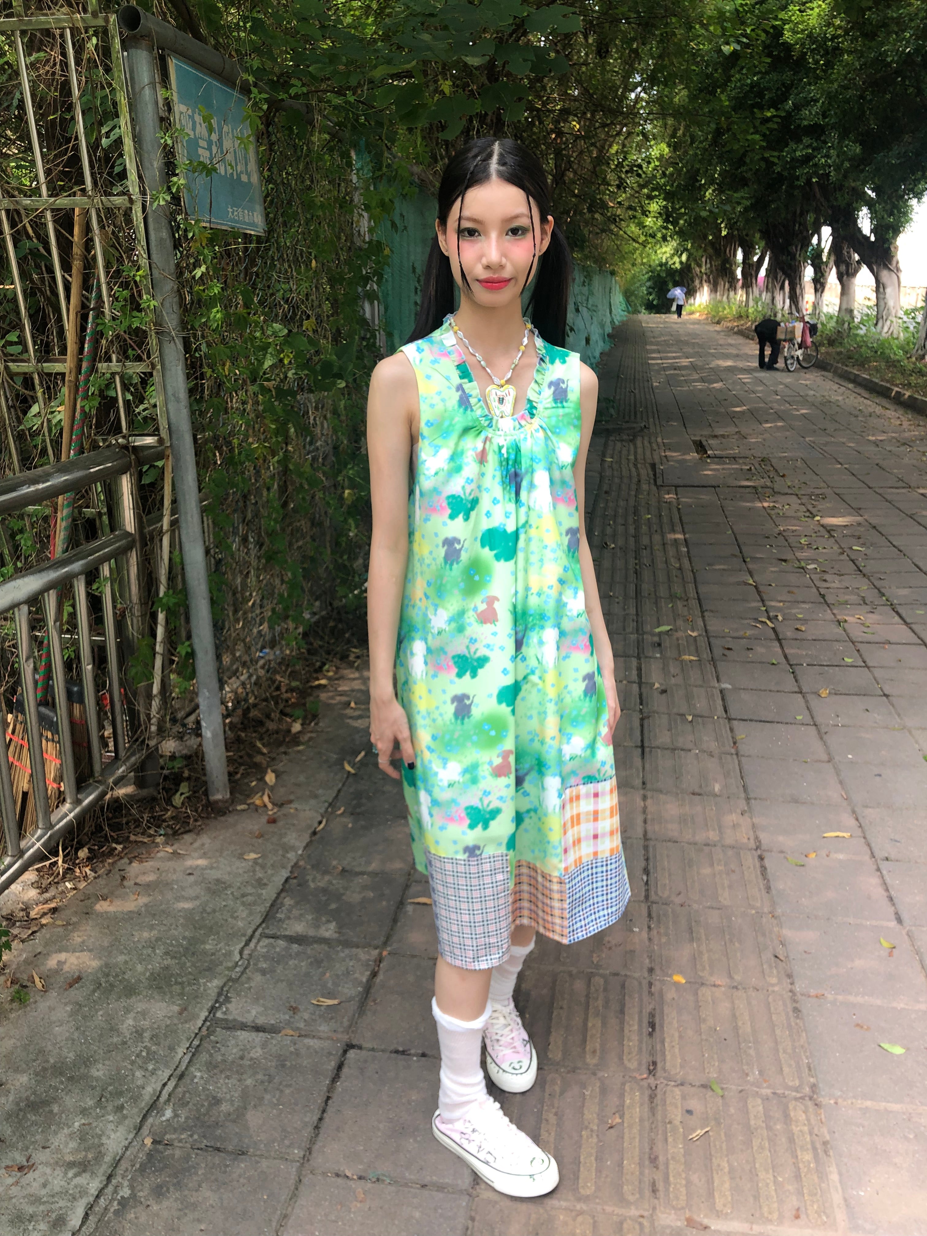 Harajuku Dress Green Sleeveless Hand-painted Print Dress Original Design Moon Meadow by Land Decora